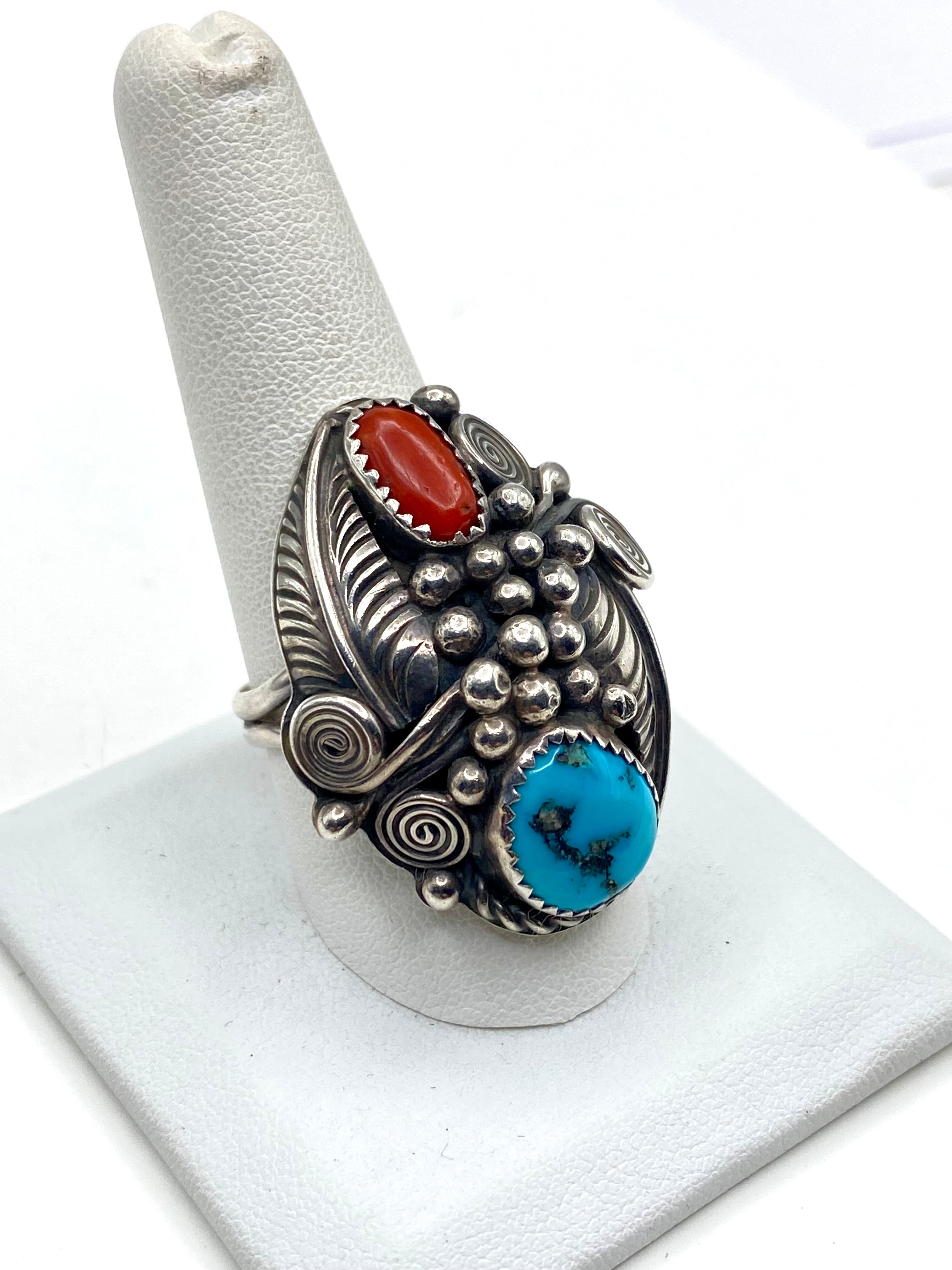 VTG Sterling Domed Hollow Ring Turquoise Coral Size 9.75 Native American Signed