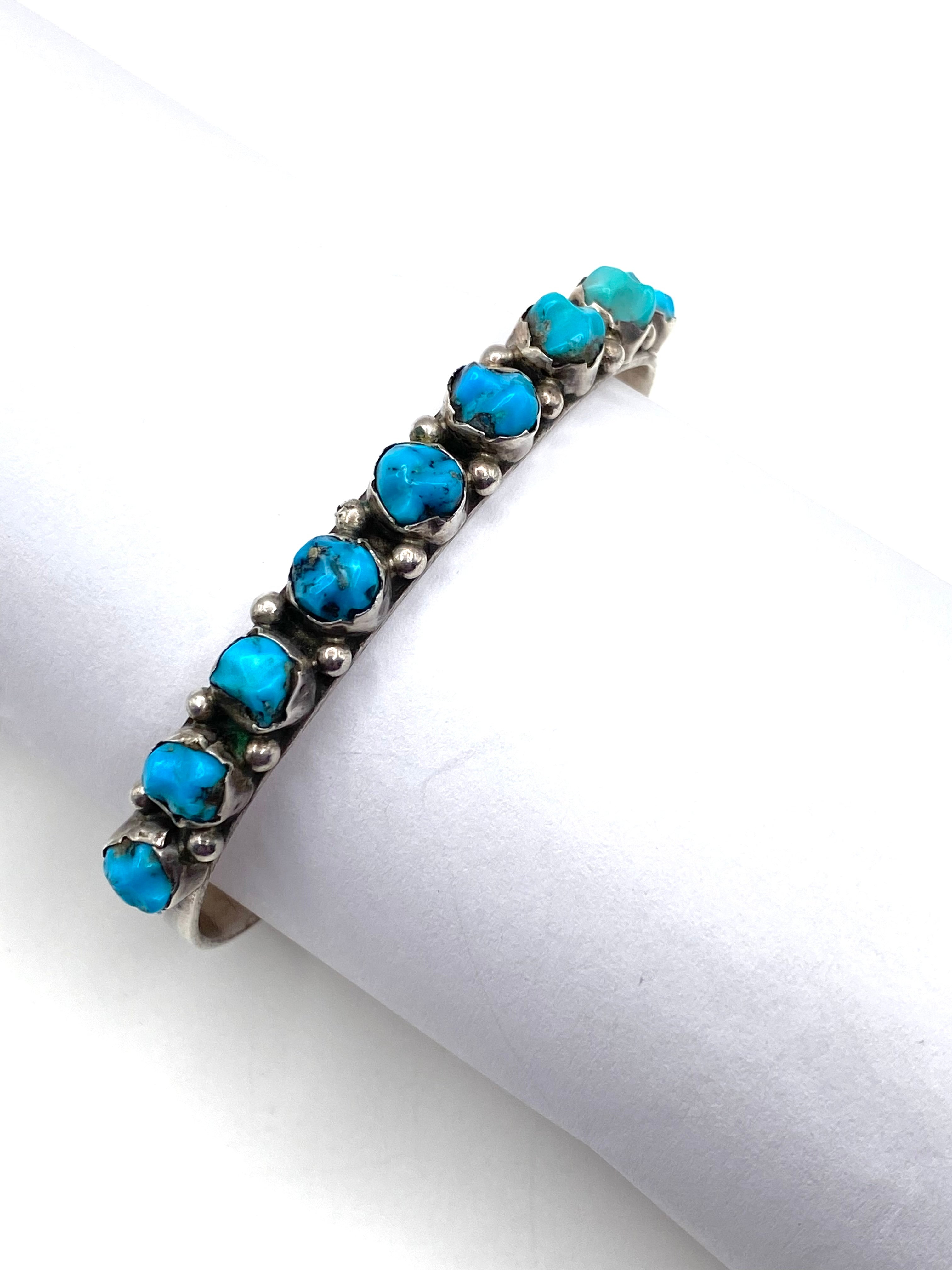 Vintage Sterling Narrow Cuff Bracelet Carved Turquoise Native American Signed