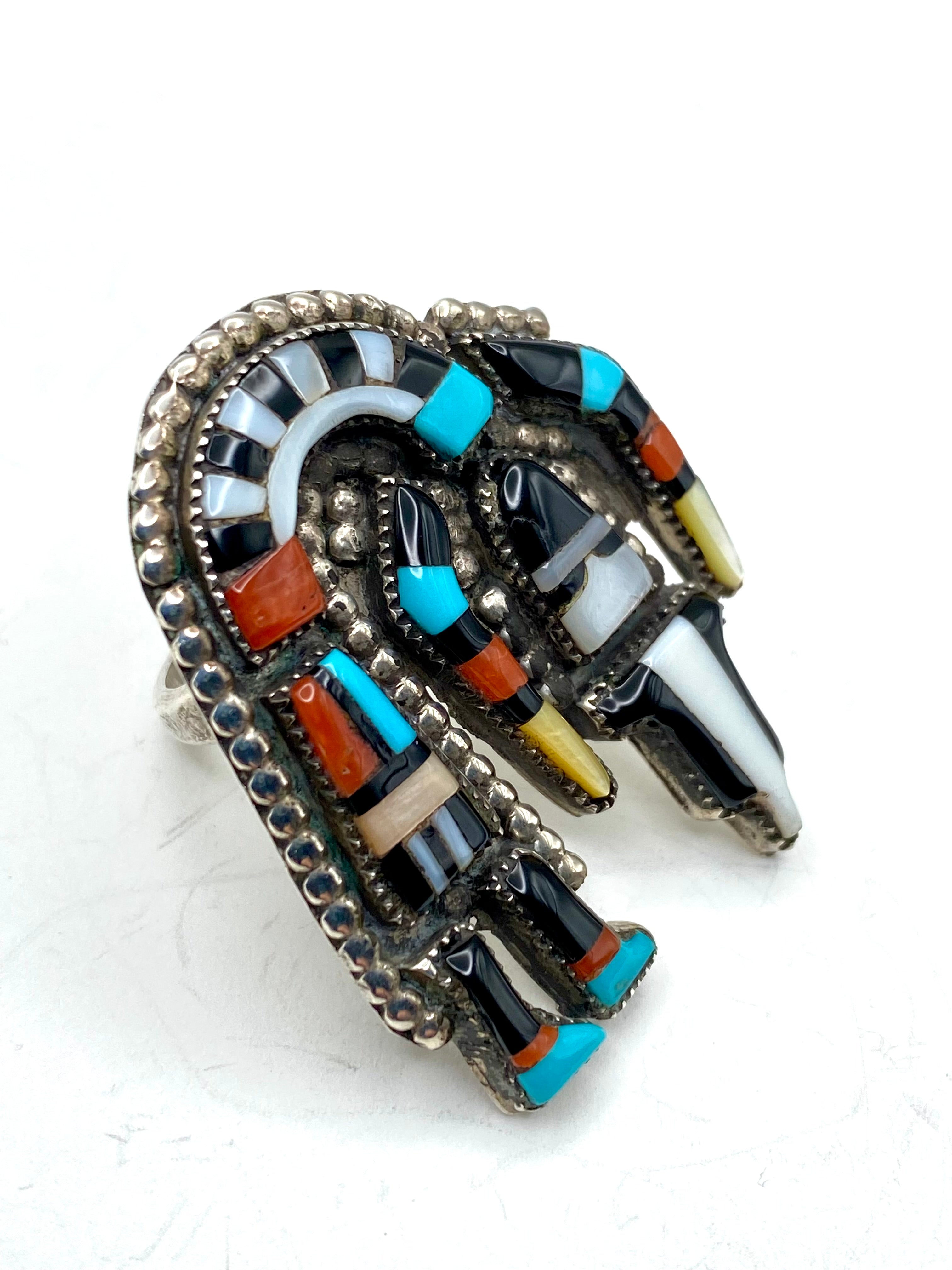 VTG Zuni Multi Stone Inlay Rainbow Man Ring Size 9.5 Turquoise Coral Cellicion