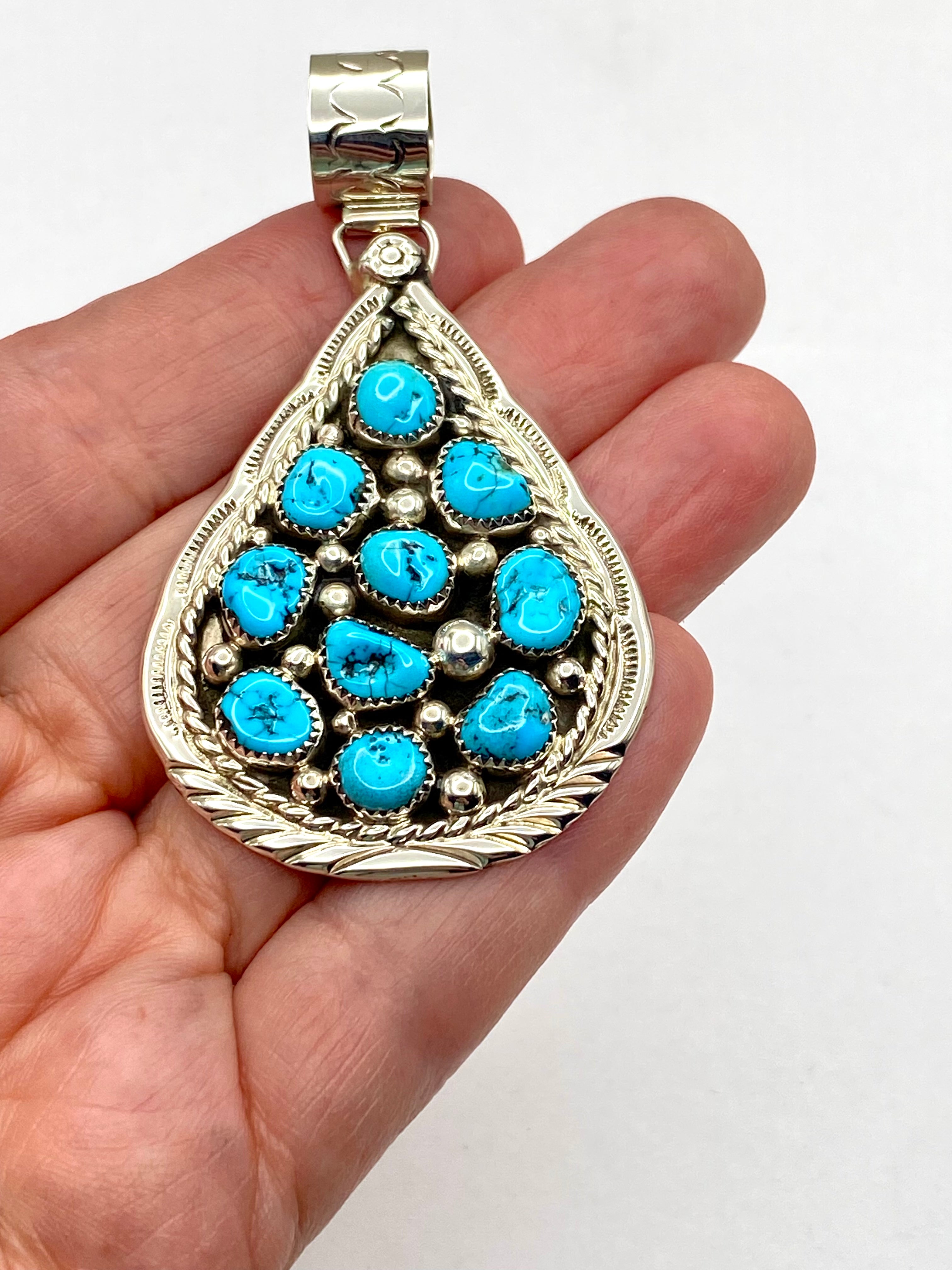 Sterling Teardrop Cluster Pendant Kingman Turquoise Cluster D. Begay Navajo