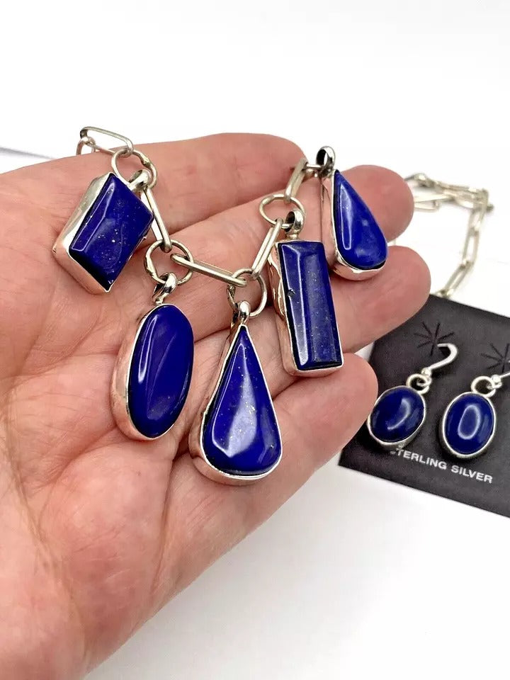 Lapis 5-Pendant Necklace Earring Set Handmade Chain 25" Navajo Native American