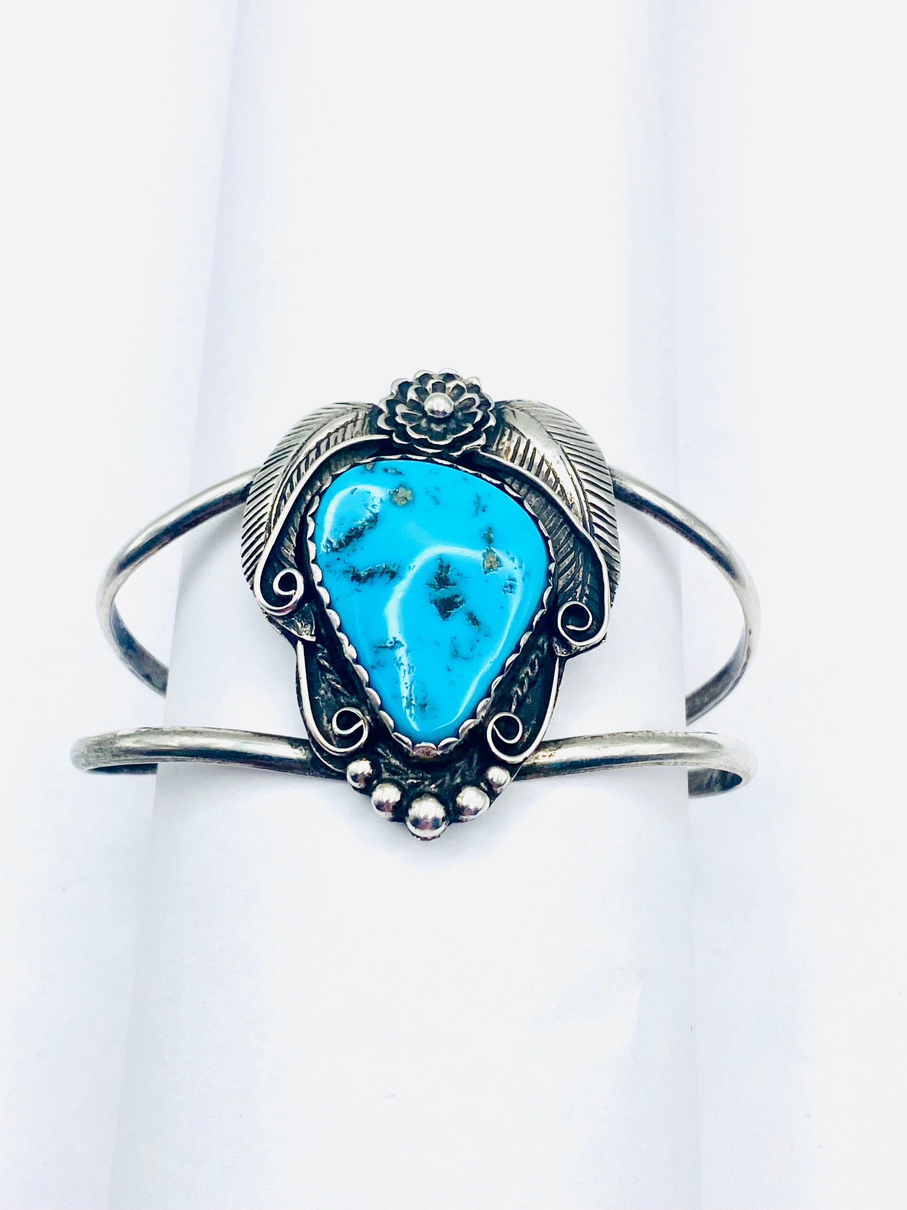 VTG 2-Rail Sterling Bracelet Turquoise Leaf Flower Applique Navajo Signed McCabe