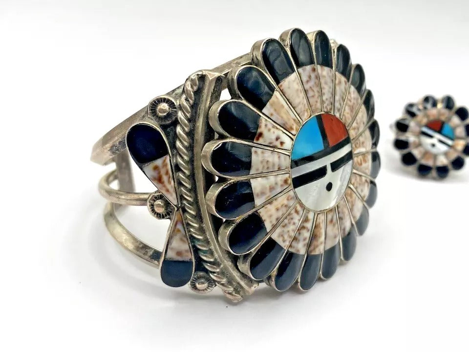 VTG Zuni Multi Stone Inlay Bracelet Ring Set Sunface Native American 1970s