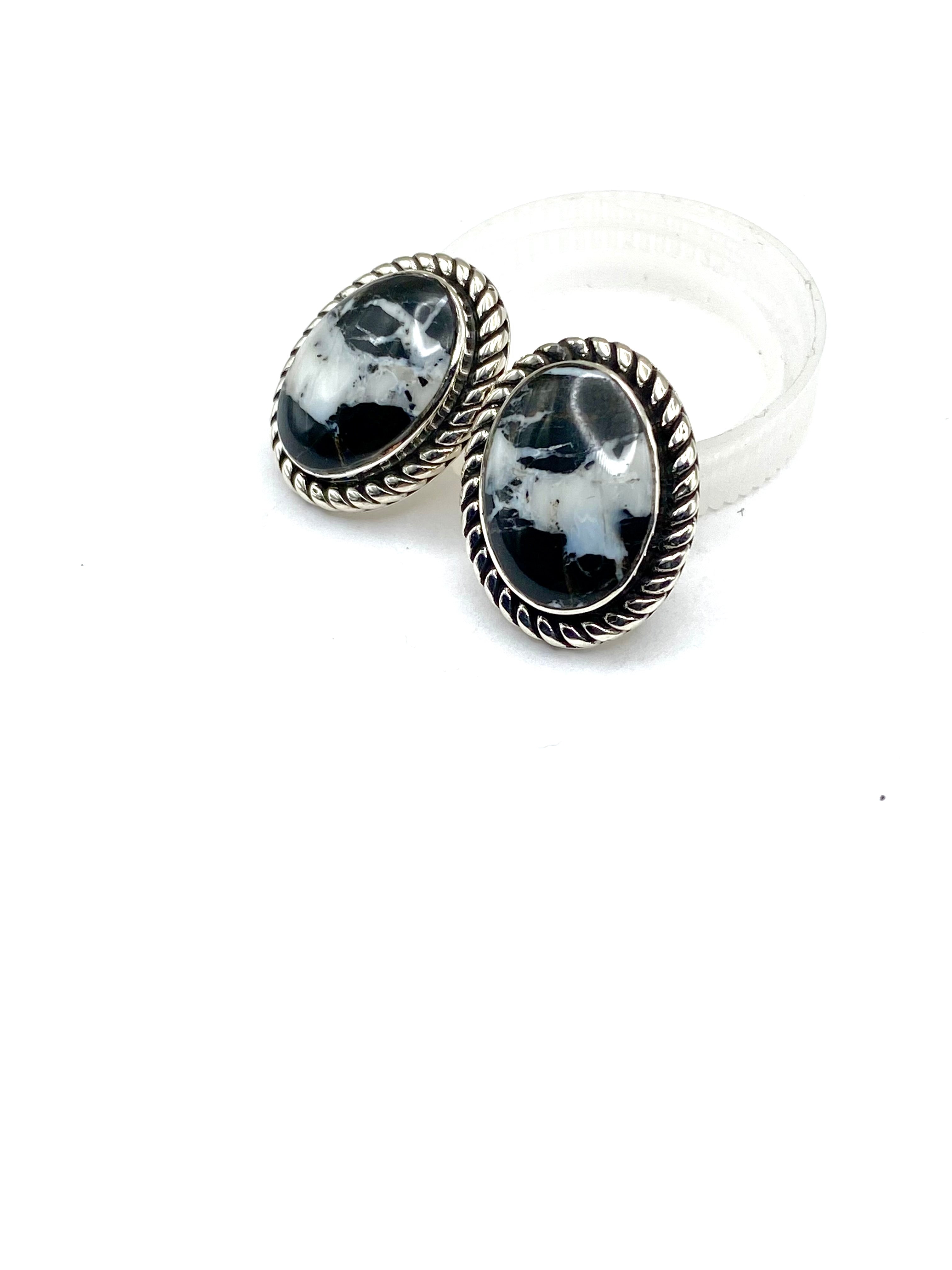 Sterling Silver White Buffalo Earrings  Oval Posts Native American Signed