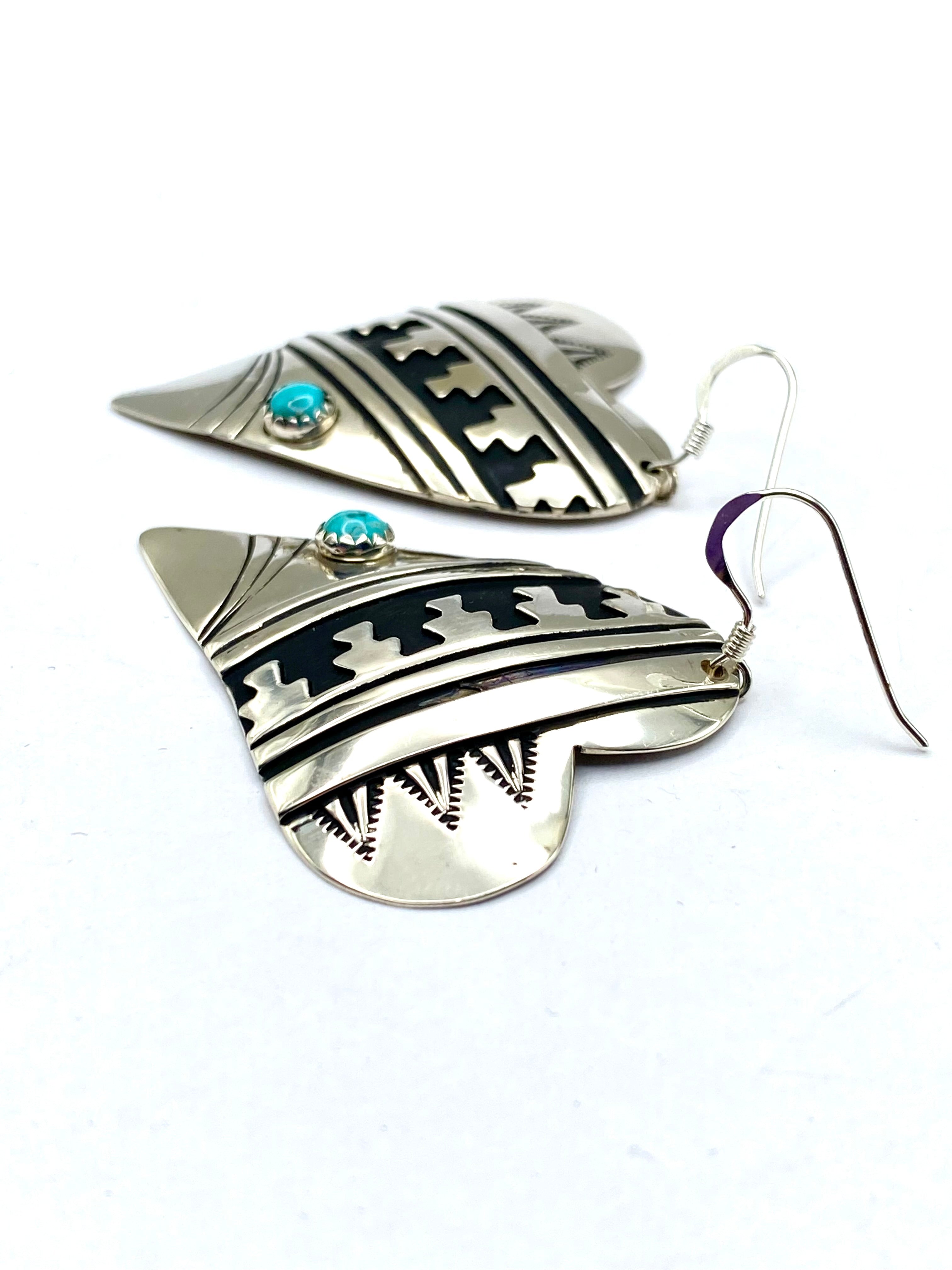 Sterling Overlay Heart Shaped Earrings Snake Eye Turquoise T&R Singer Navajo