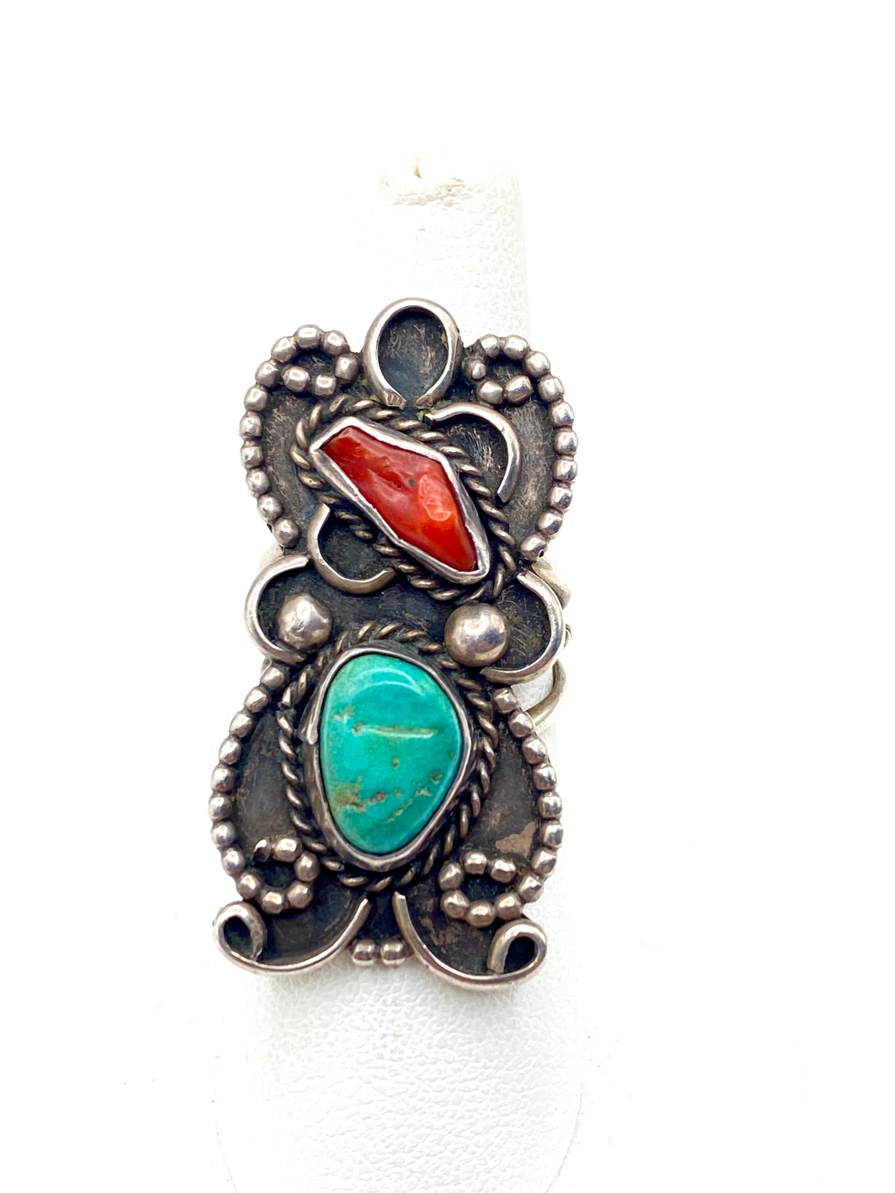 VTG Green Turquoise Coral Ring Silver Size 7.5 Triple Shank Native American