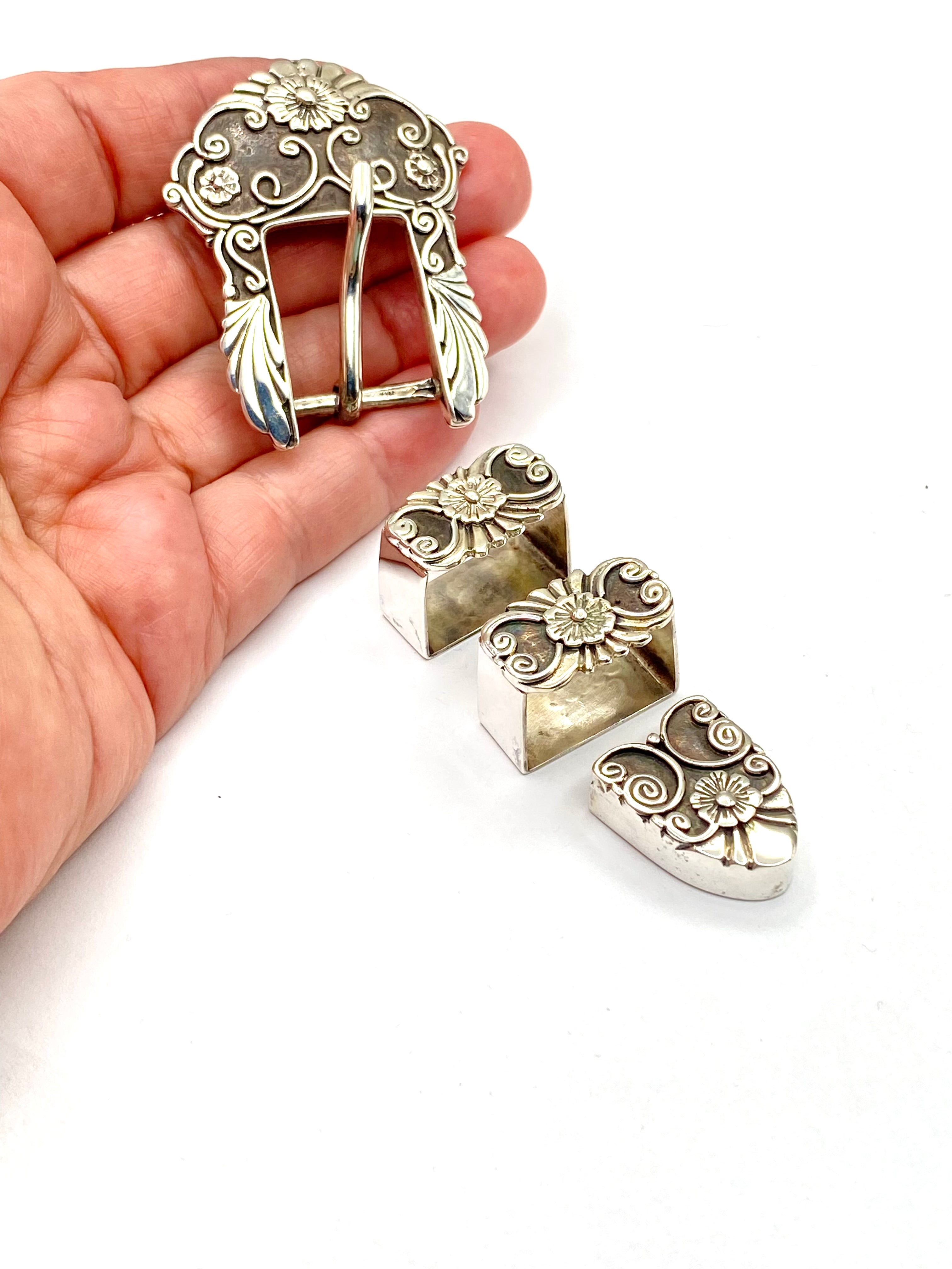 Vintage 4-piece Sterling Ranger Belt Buckle Set Heavy Gauge 5/8" Floral Signed