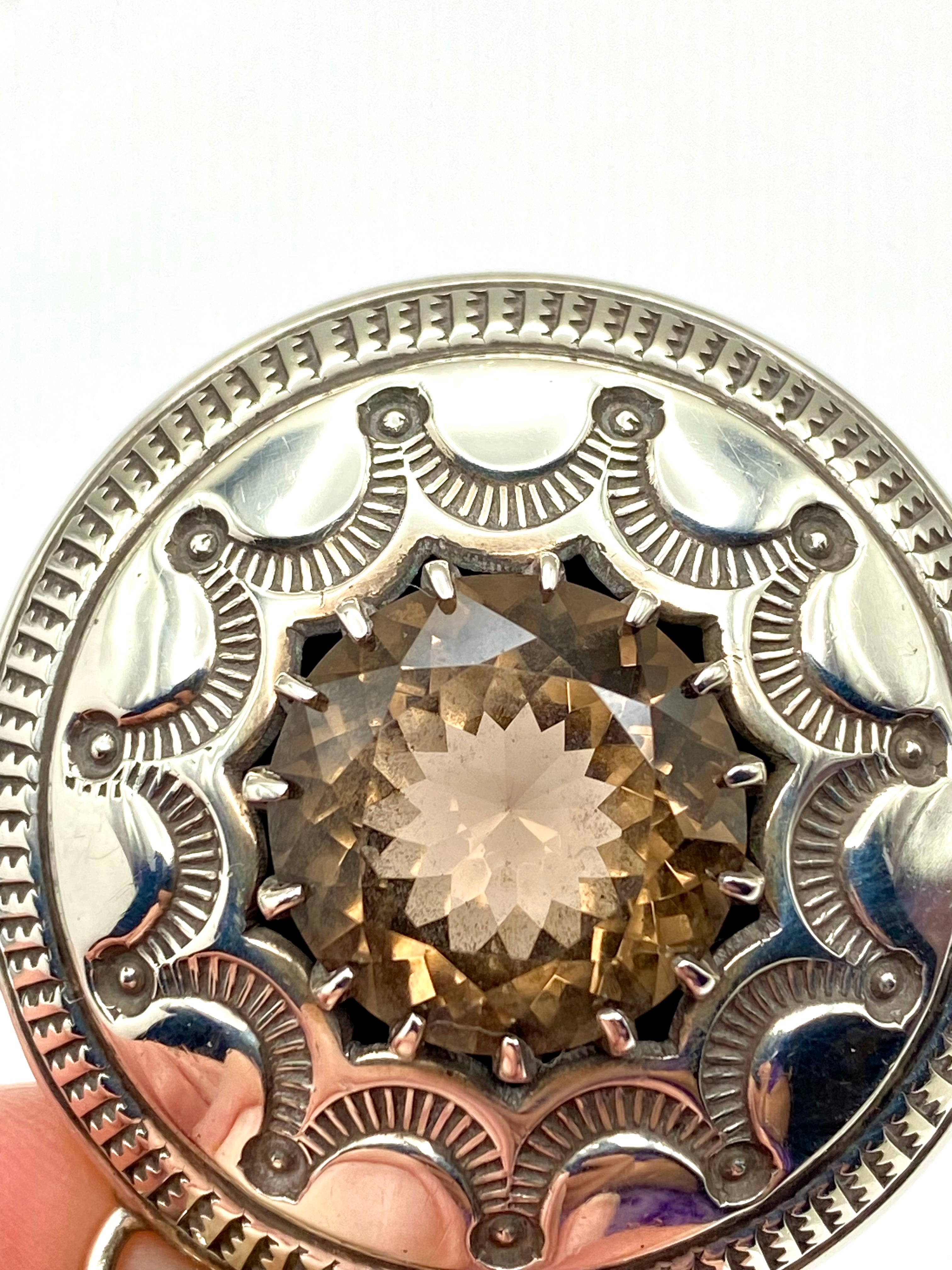 VTG Sterling Stamped Round Pendant Smoky Topaz Native American Signed