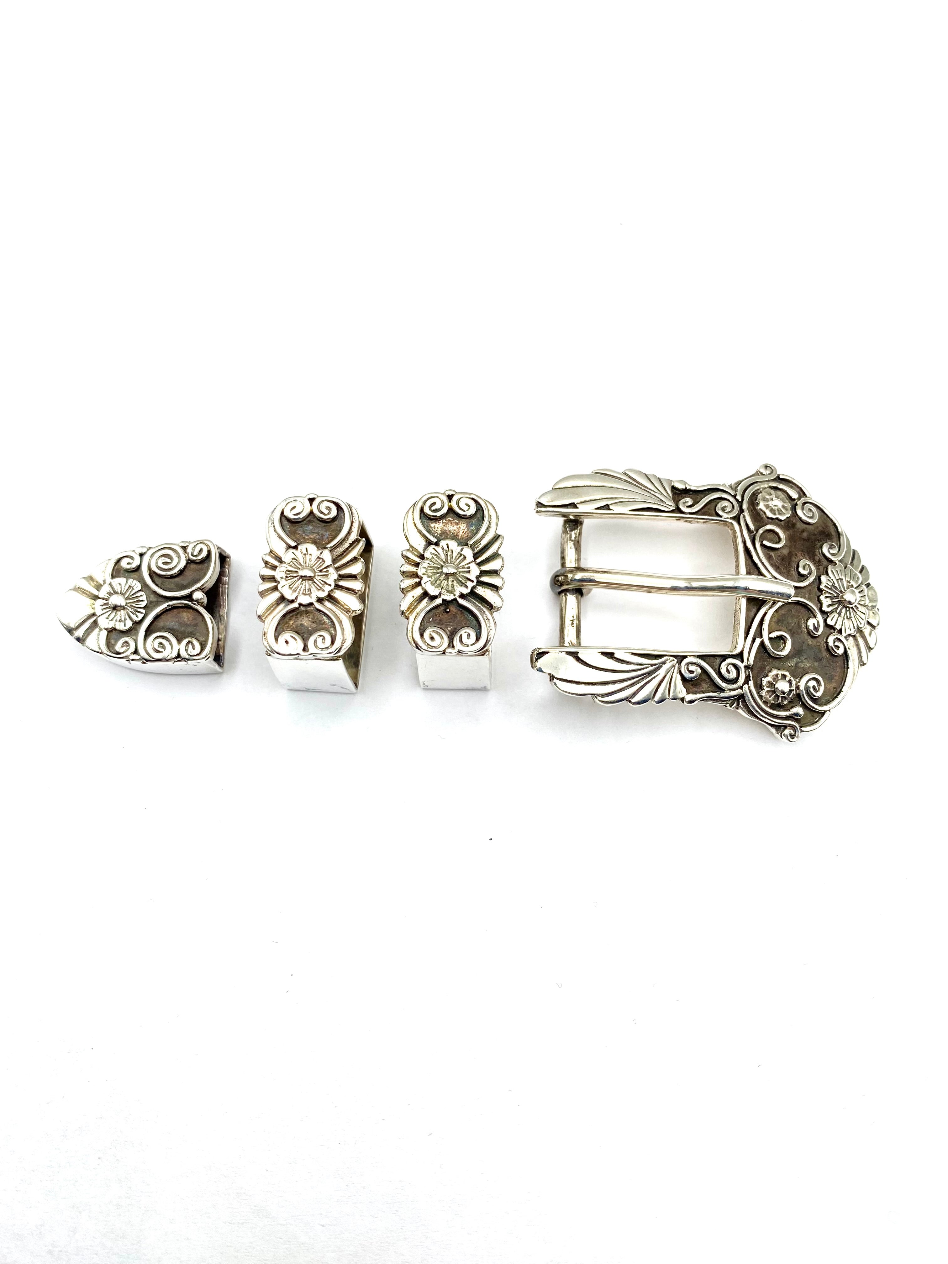 Vintage 4-piece Sterling Ranger Belt Buckle Set Heavy Gauge 5/8" Floral Signed