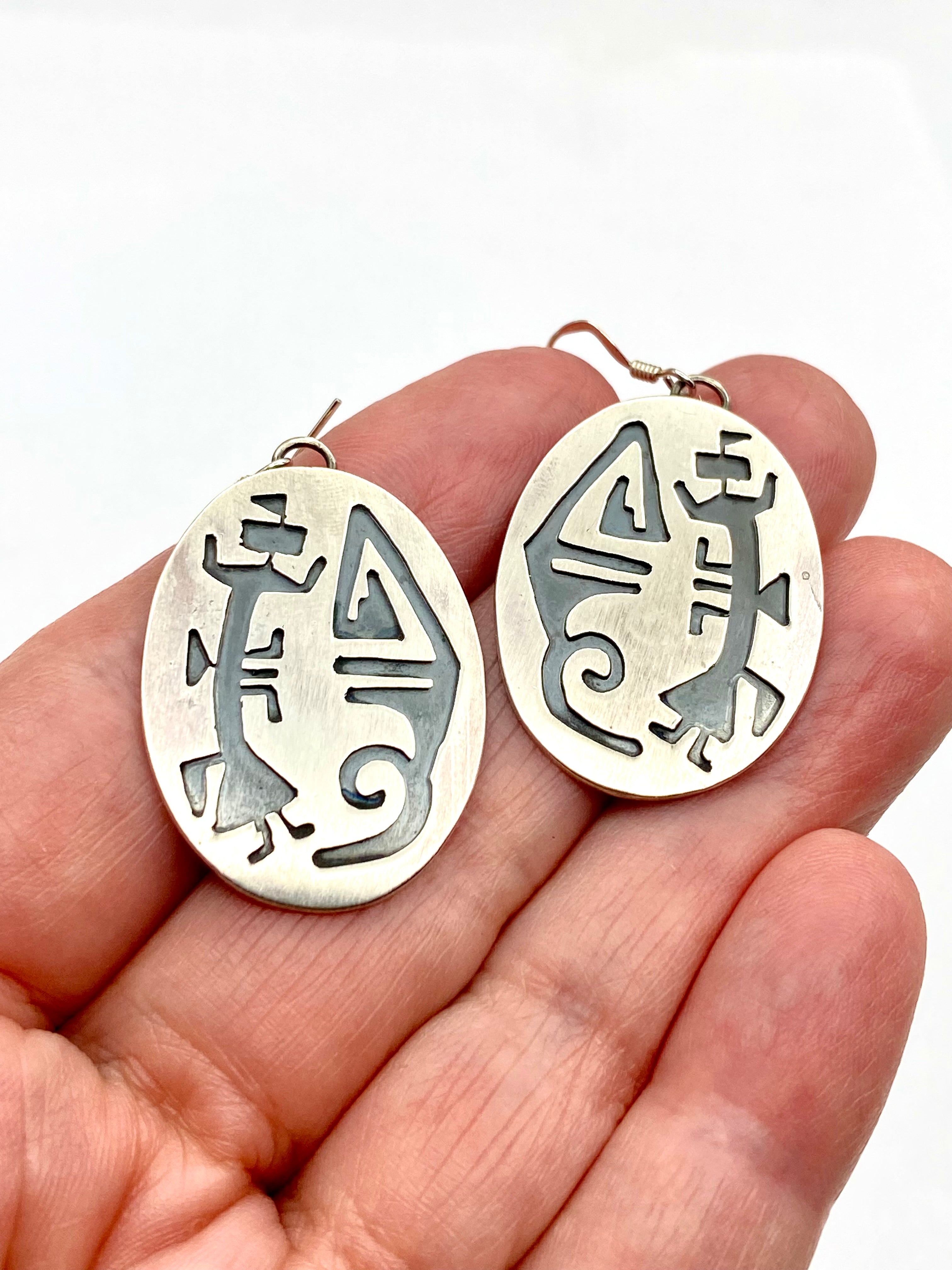 Sterling Silver Overlay Earrings Oval Kachina Figure Native American Handmade