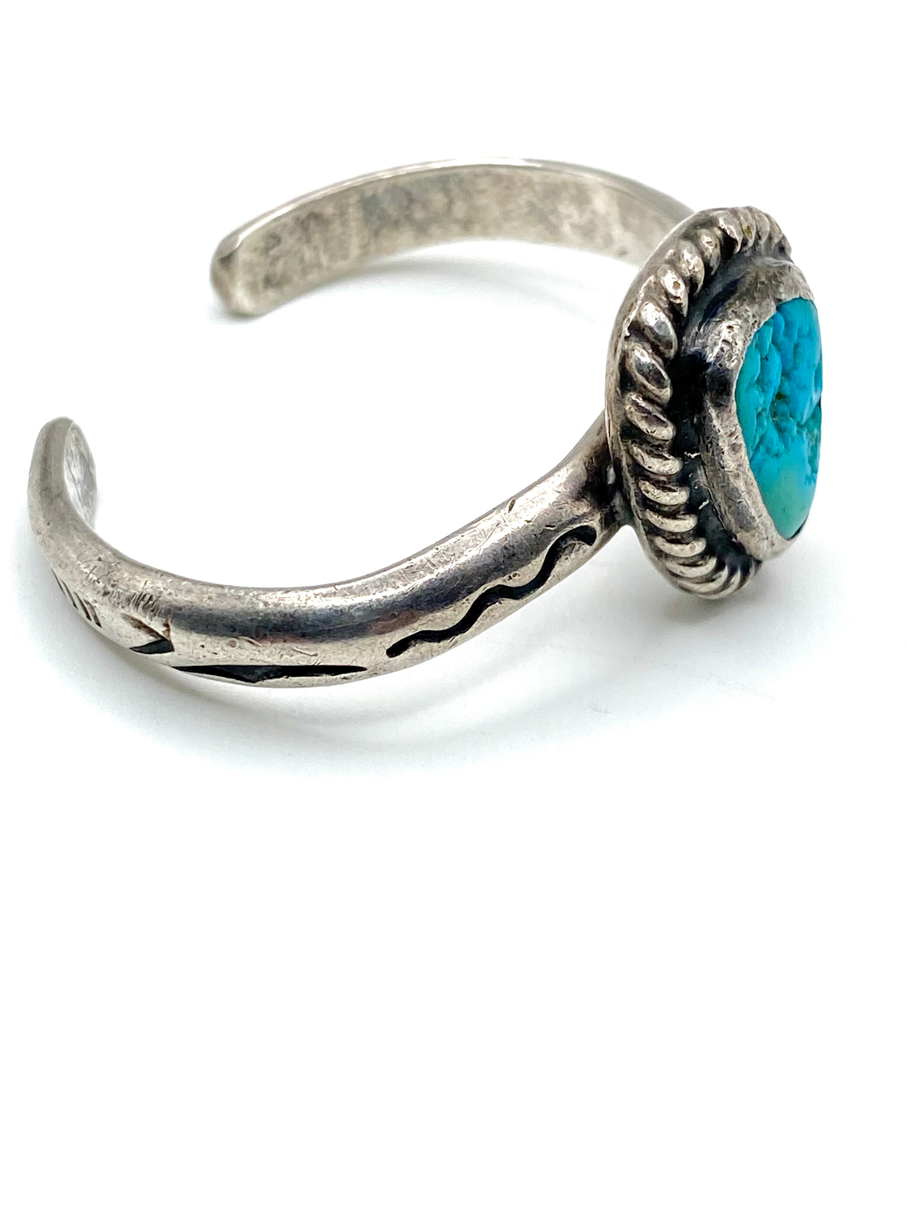 Vintage Silver Heavy Gage Baby Bracelet Campitos Turquoise Navajo Handmade