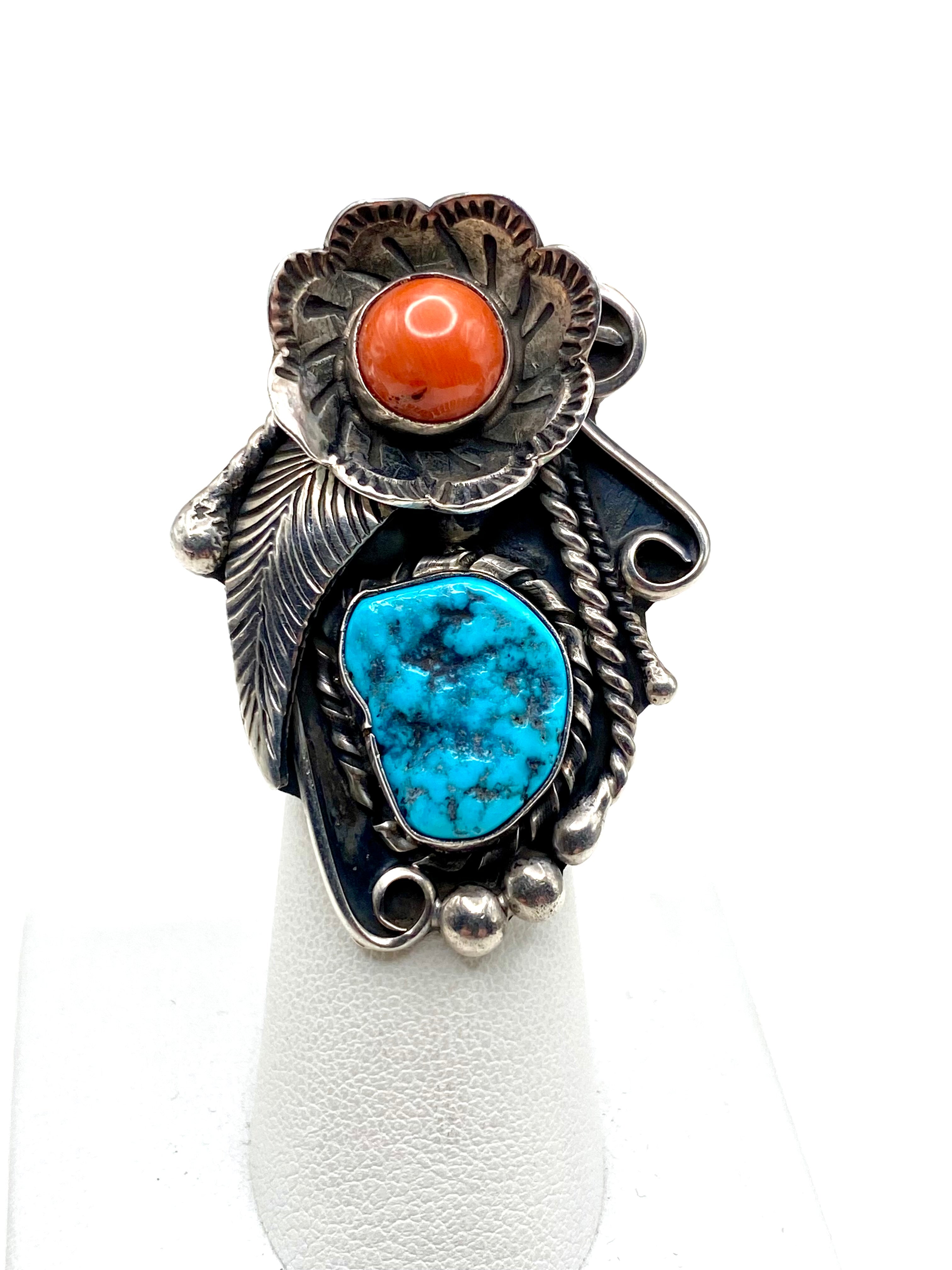 VTG Large Sterling Turquoise Coral Ring Size 6 Wide Shank Native American