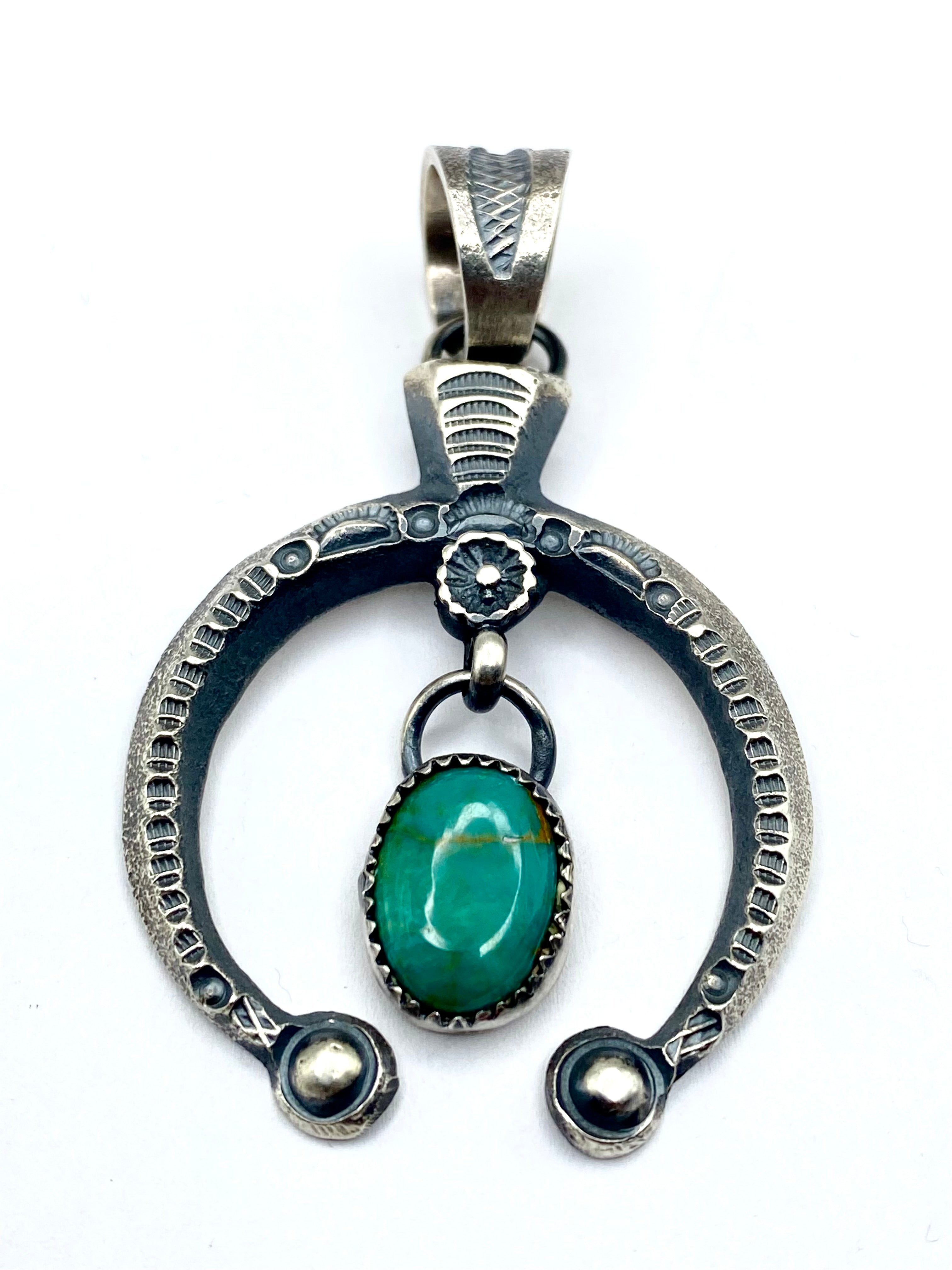 Tufa Cast Sterling Naja Pendant Green Turquoise Dangle Native American Signed