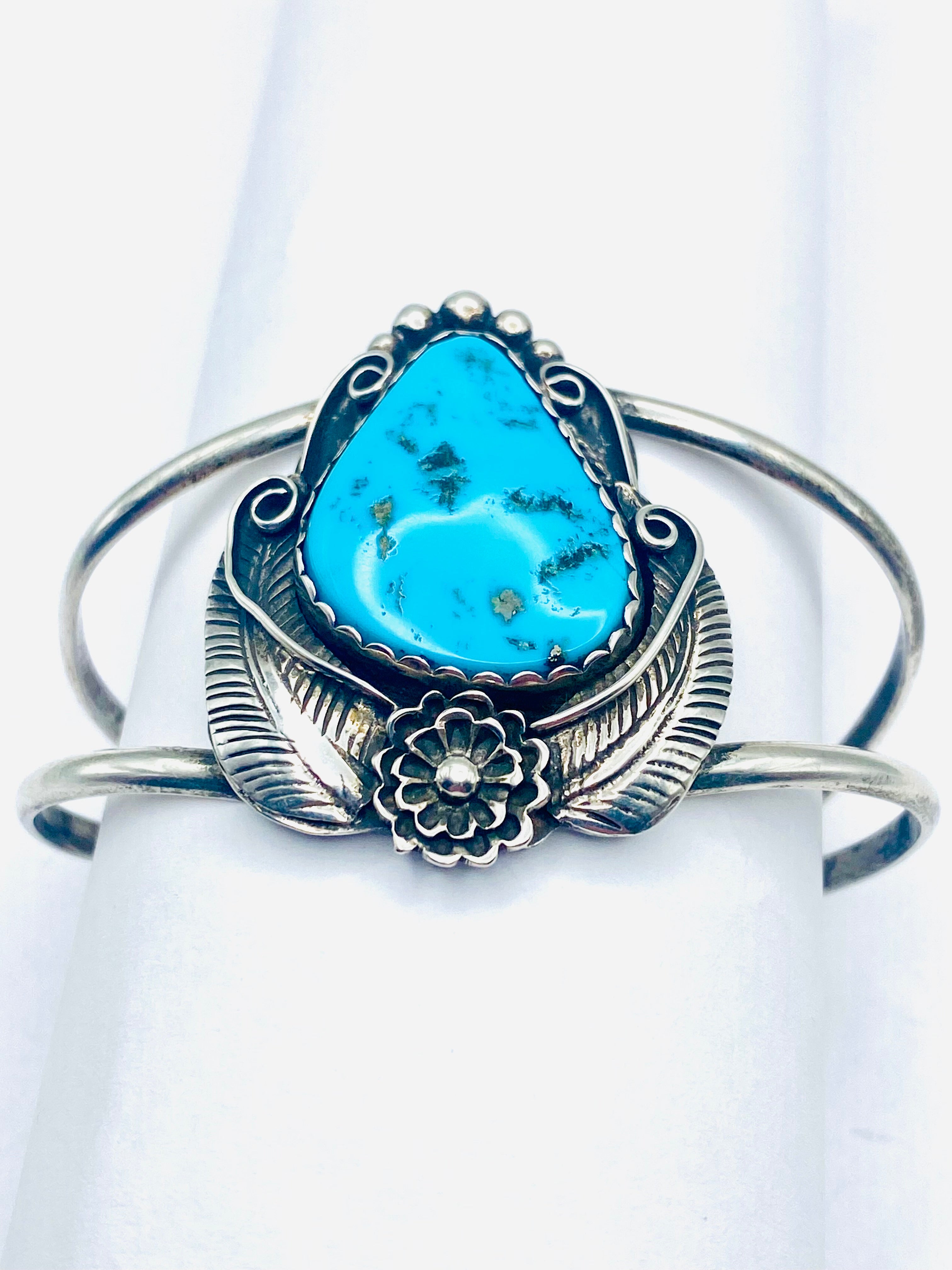 VTG 2-Rail Sterling Bracelet Turquoise Leaf Flower Applique Navajo Signed McCabe