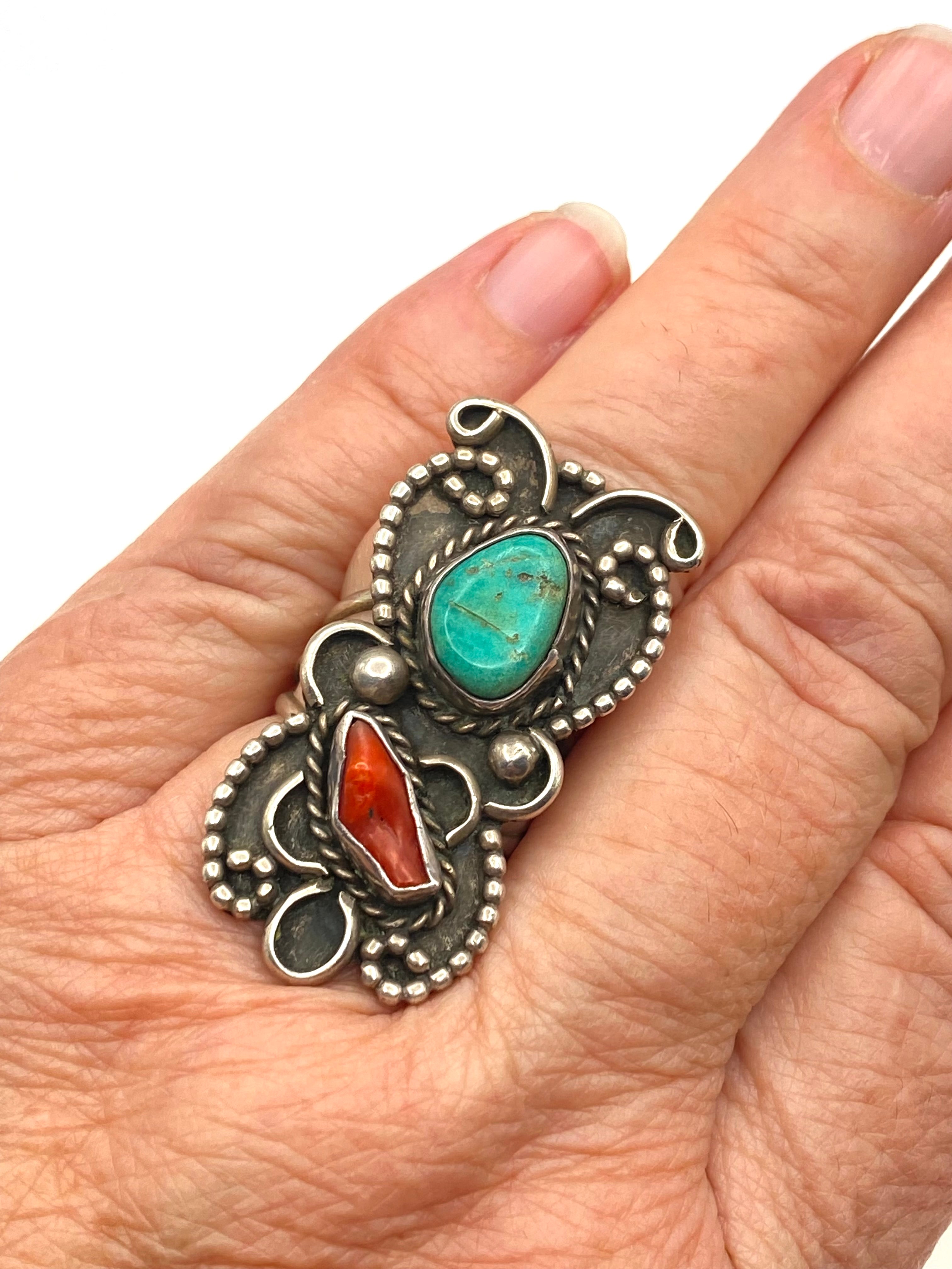 VTG Green Turquoise Coral Ring Silver Size 7.5 Triple Shank Native American