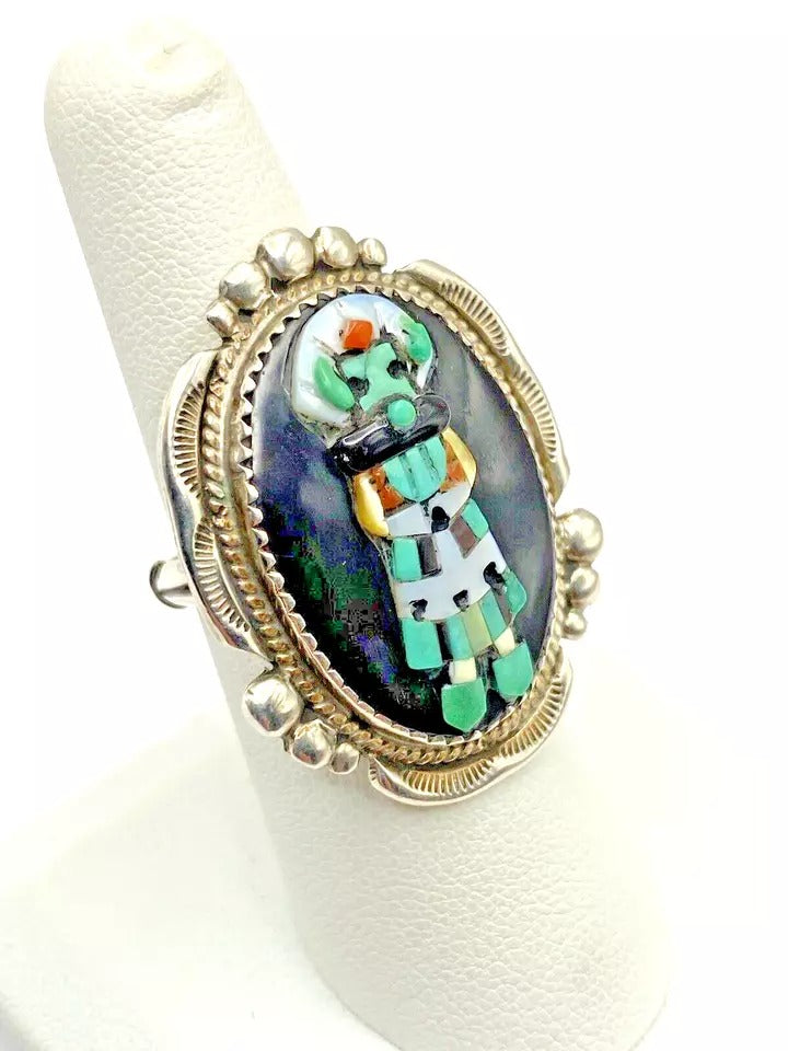 VTG Zuni Sterling Kachina Ring Raised Inlay SZ 8 Turquoise Jet MOP Signed Pinto