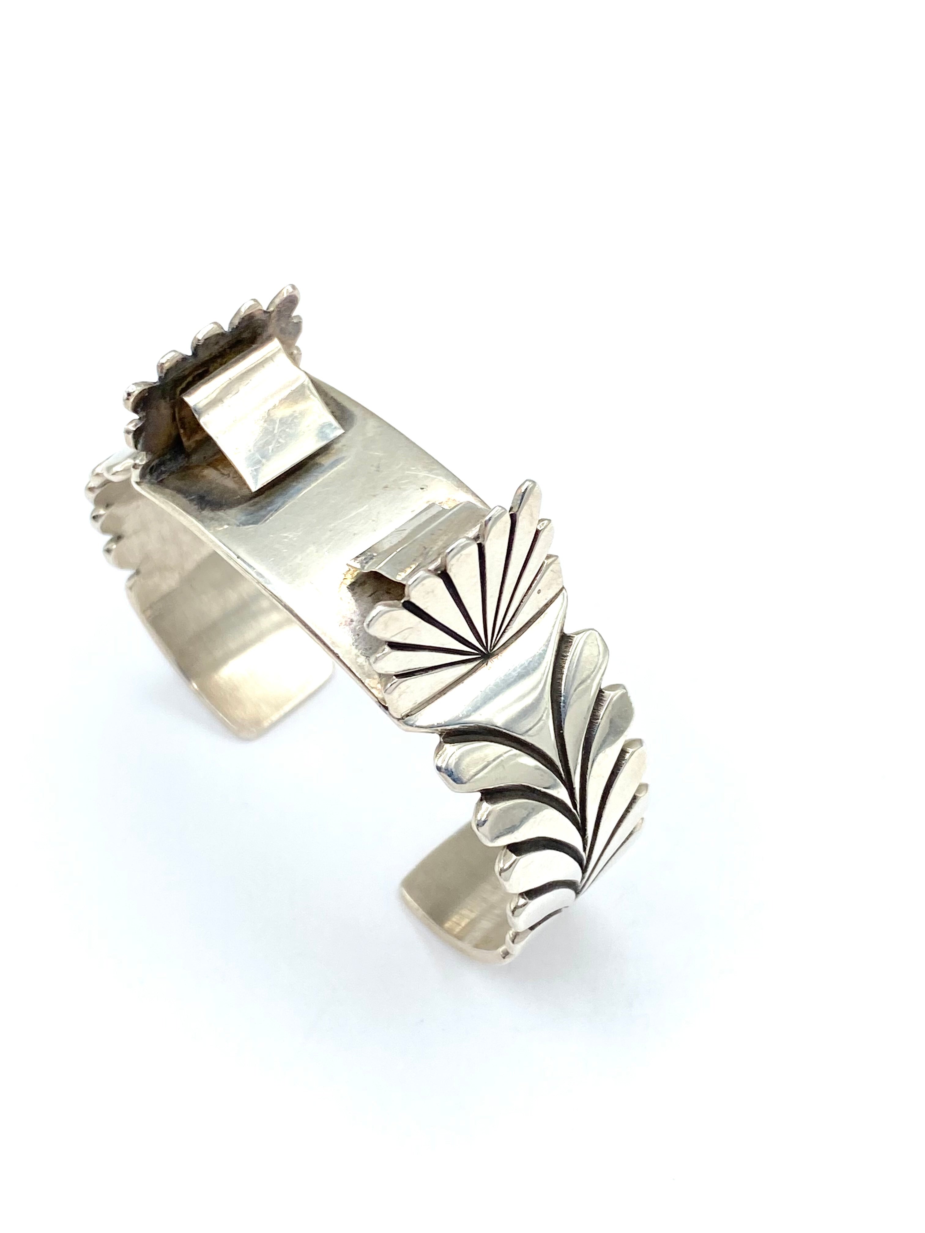 VTG Sterling Silver Cuff Watch Band Leaf Fan Stamp Work Navajo Steve Yellowhorse