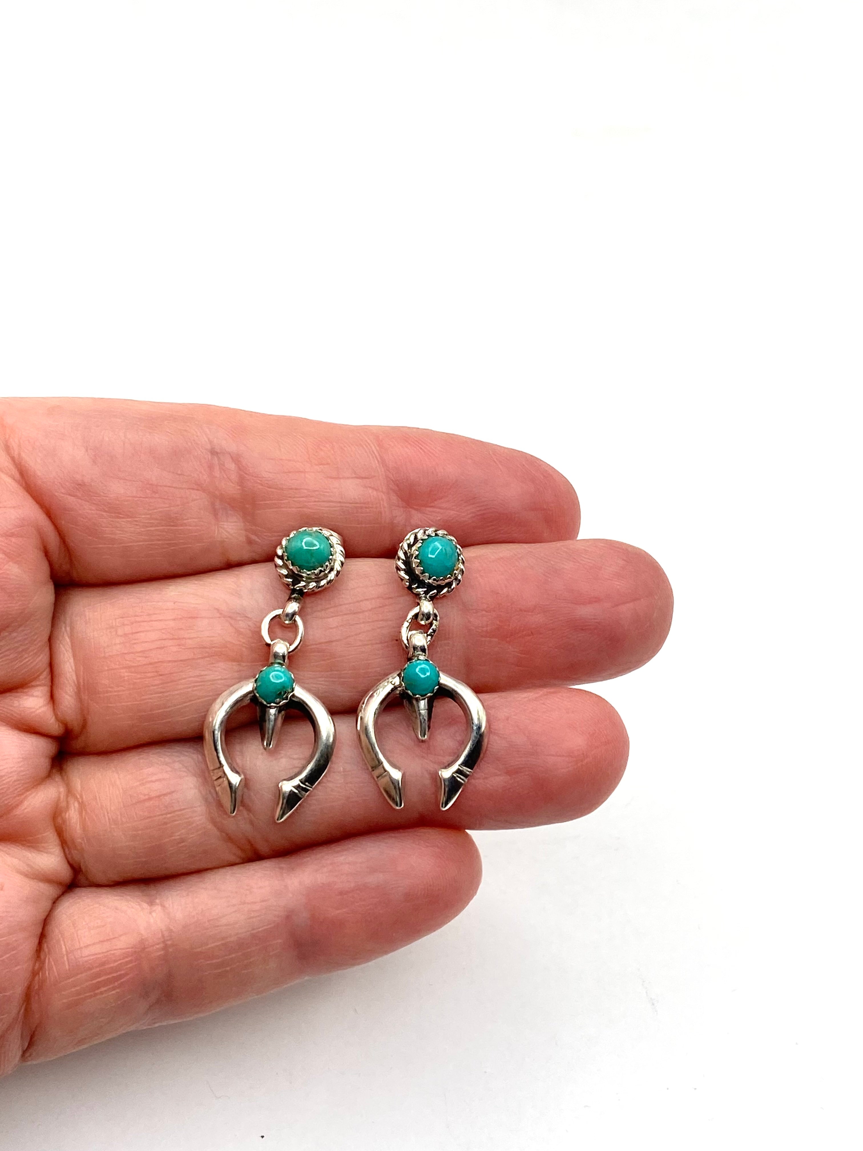 Petite Sterling Naja Dangle Earrings Green Turquoise Native American