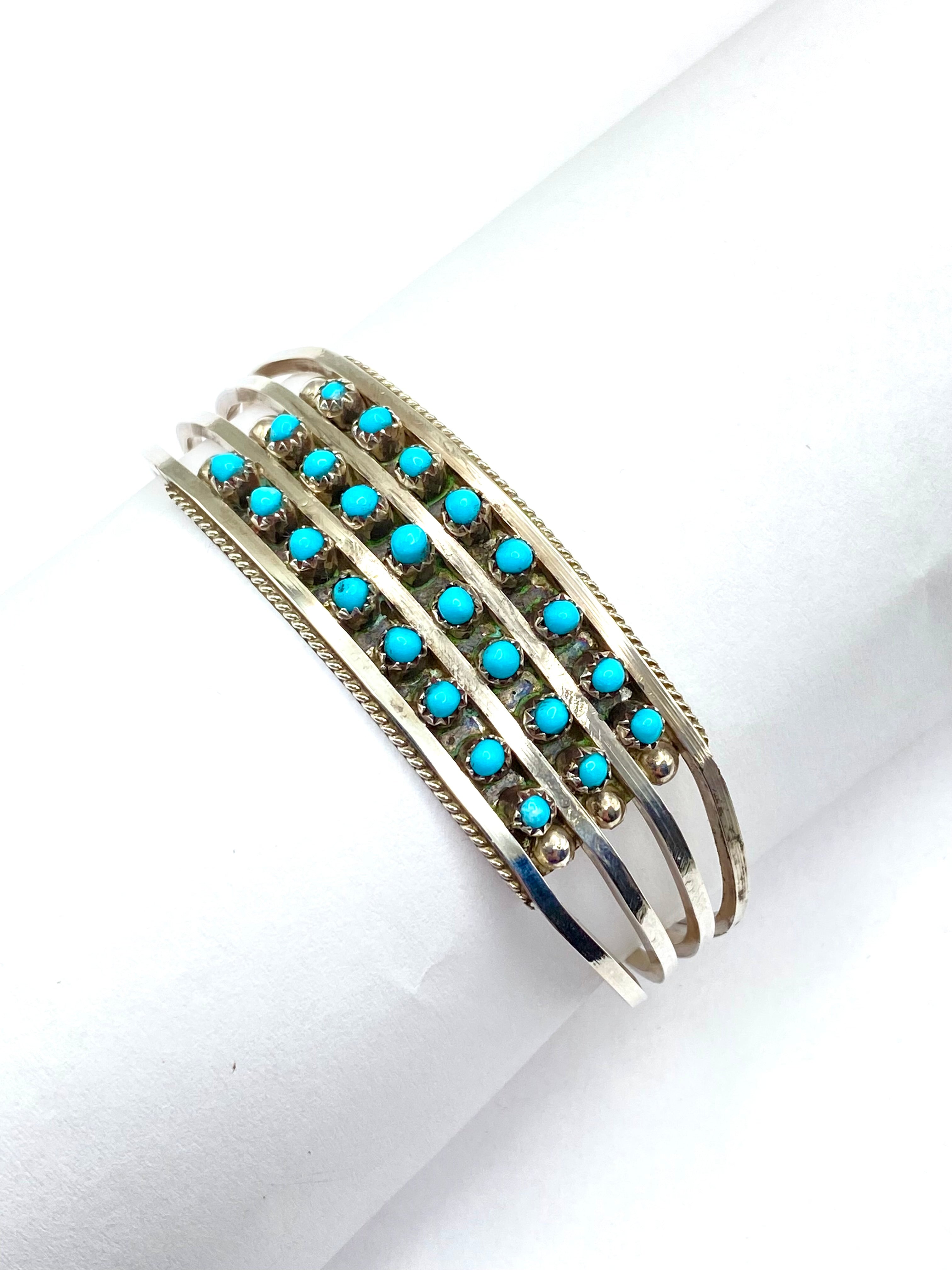 Sterling 4-Rail Bracelet Petite Turquoise 3-Row Zuni Native American Signed