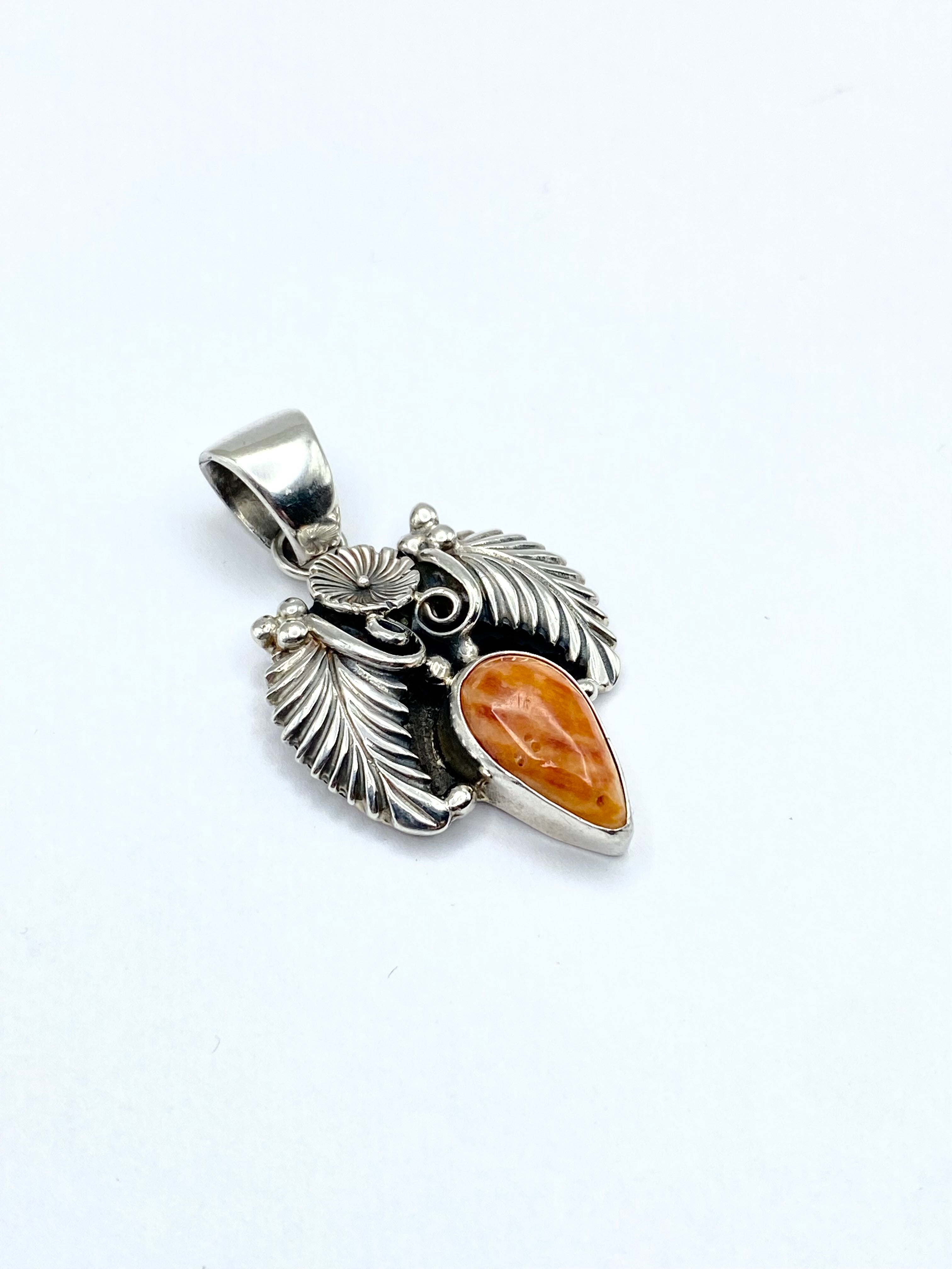 Sterling Spiny Oyster Pendant Teardrop Leaf Flower Applique Native American