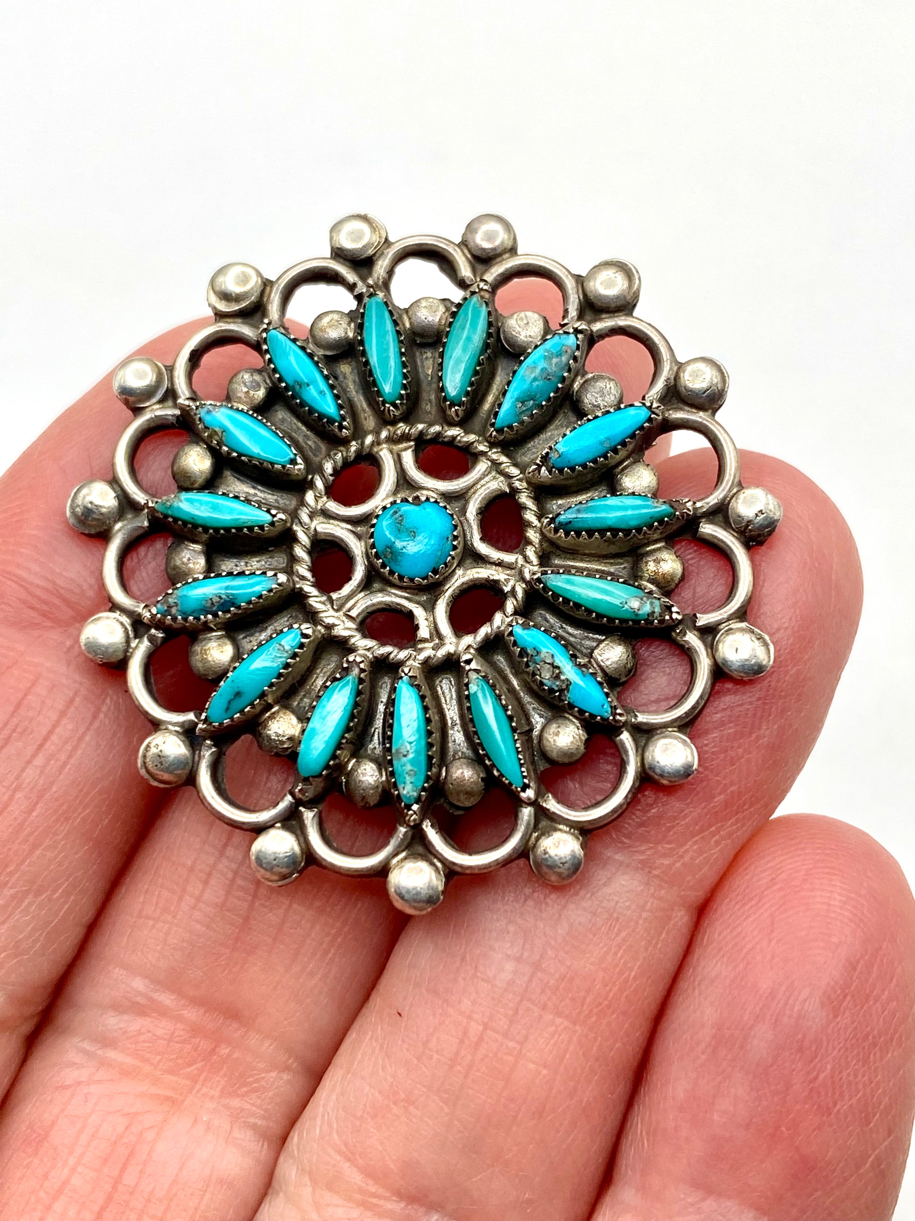 VTG Zuni Needlepoint Turquoise Silver Pin Brooch Native American ca. 1960s