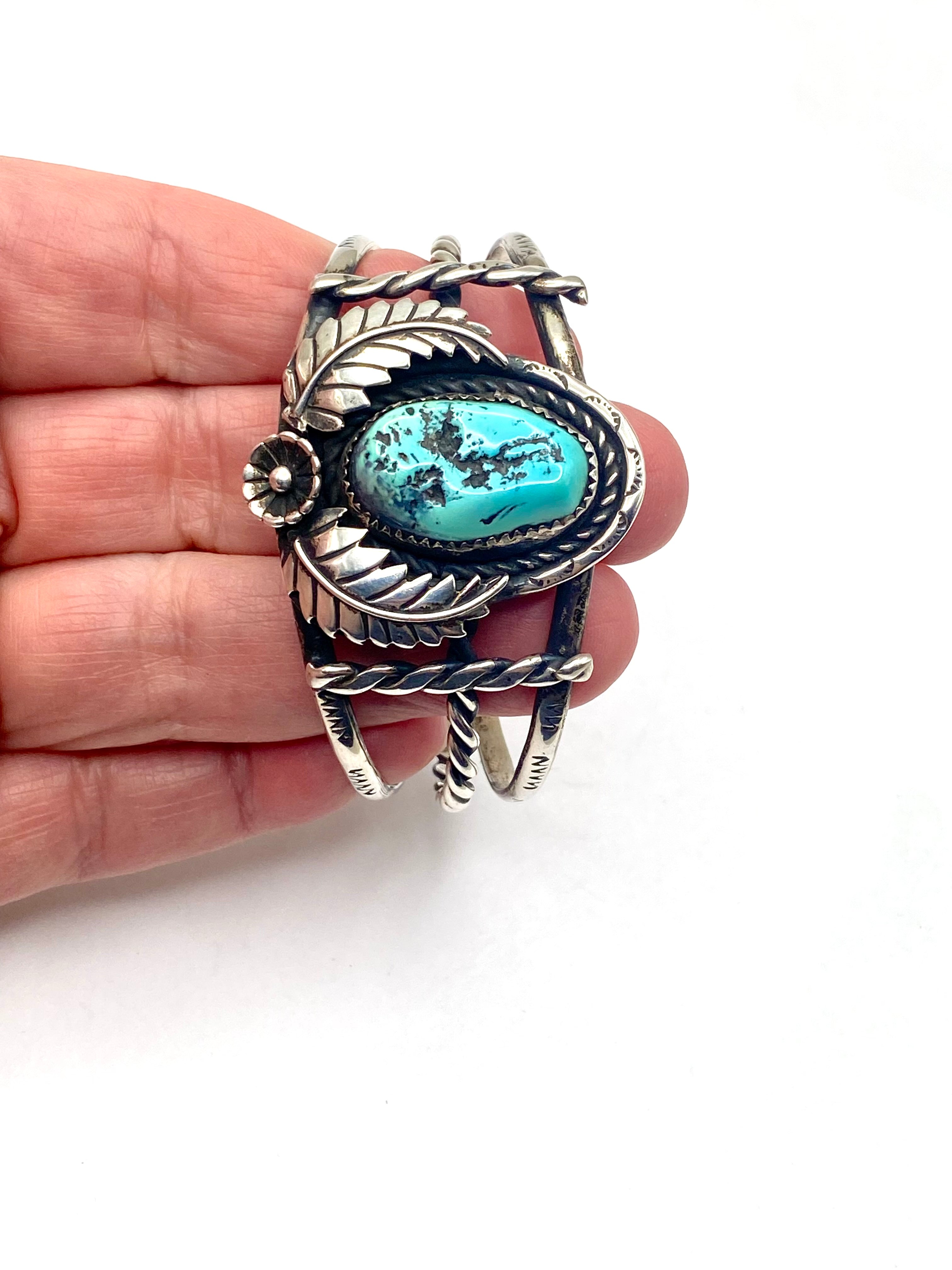 VTG Sterling Turquoise Bracelet 3-Rail Leaf Flower Applique Native American