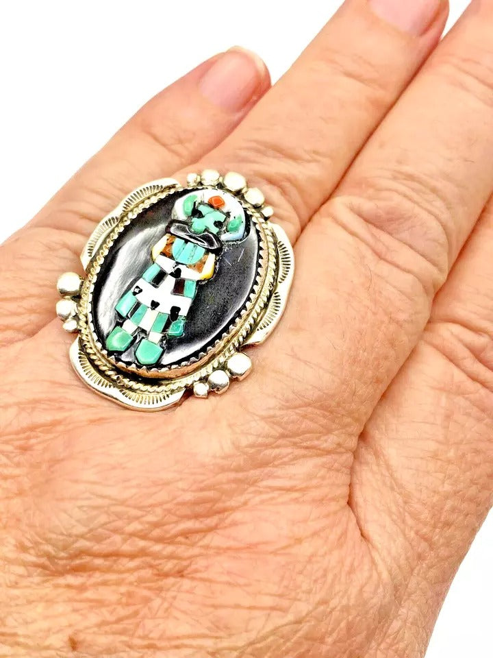 VTG Zuni Sterling Kachina Ring Raised Inlay SZ 8 Turquoise Jet MOP Signed Pinto