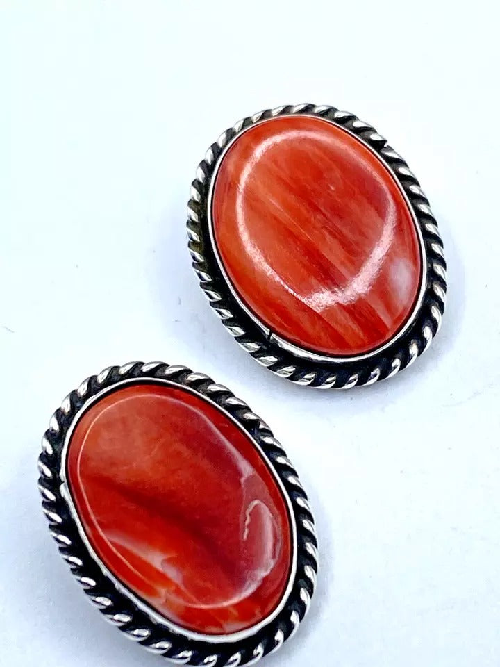 Vintage Spiny Oyster Shell Earrings Sterling Silver CLIP ON Native American