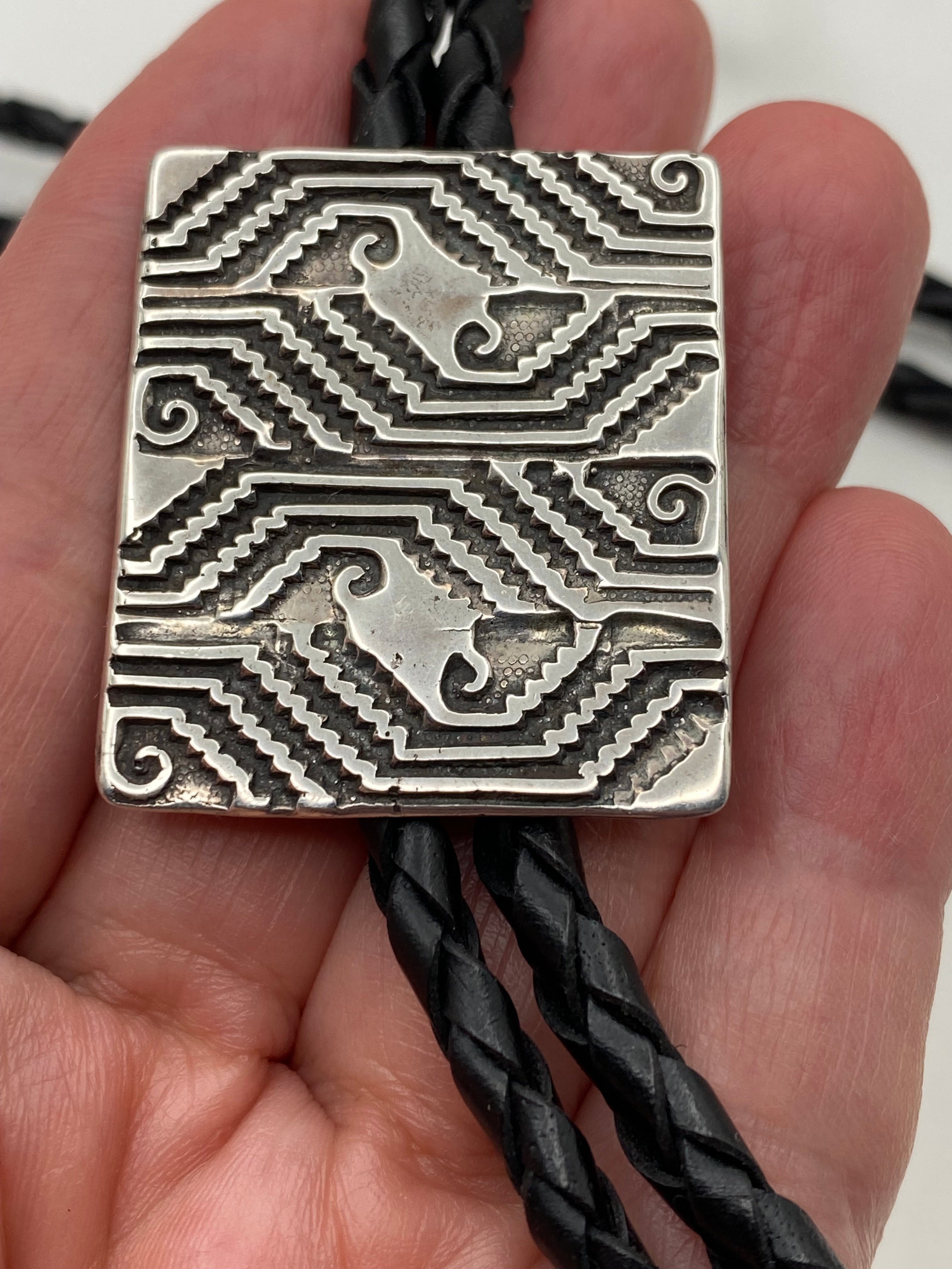 VTG Sterling Bolo Tie Rectangle Geometric Overlay  Rug Pattern Native American