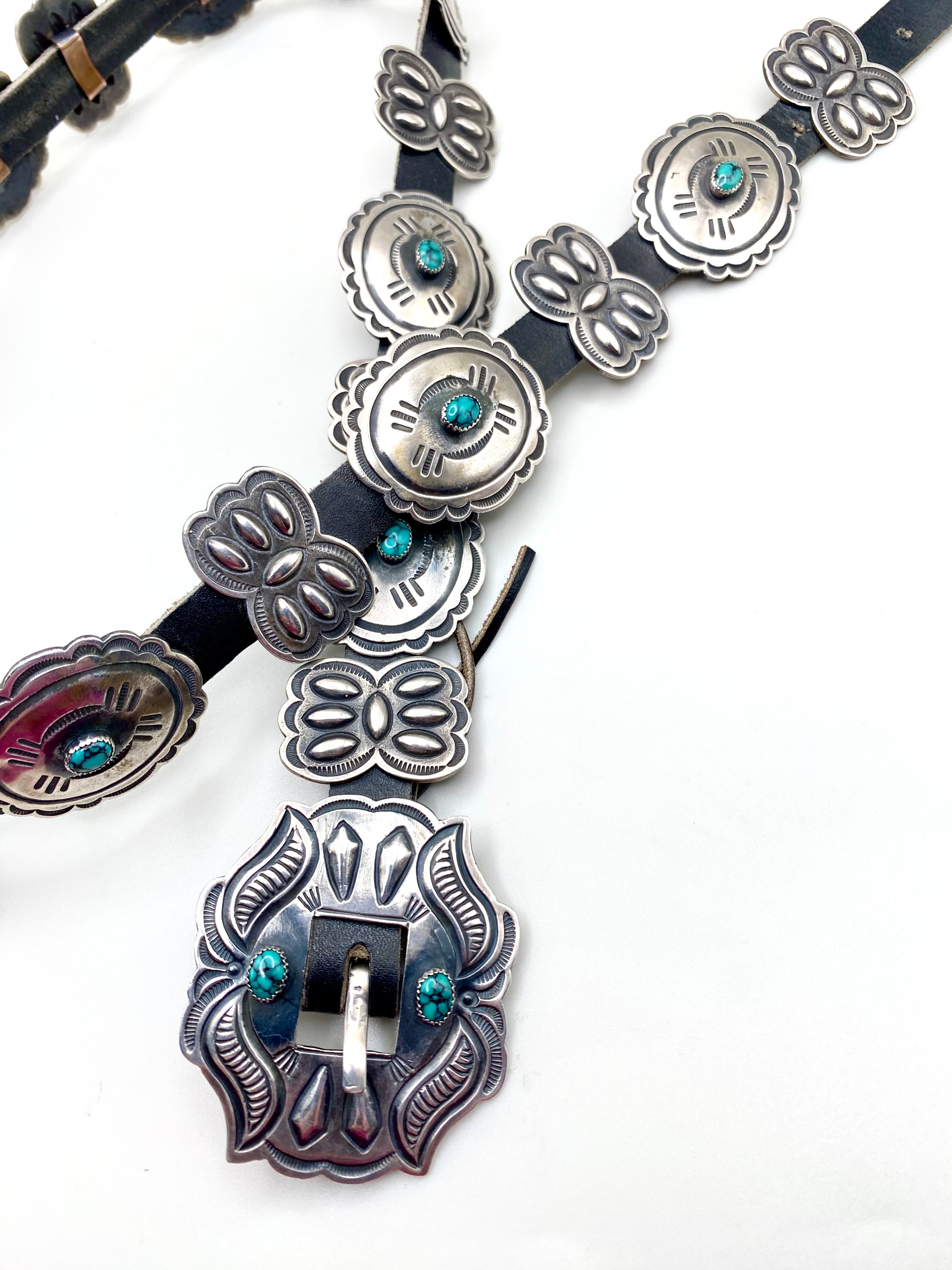 VTG Harry Morgan Concho Belt Sterling Spiderweb Turquoise Petite Navajo c. 1960s