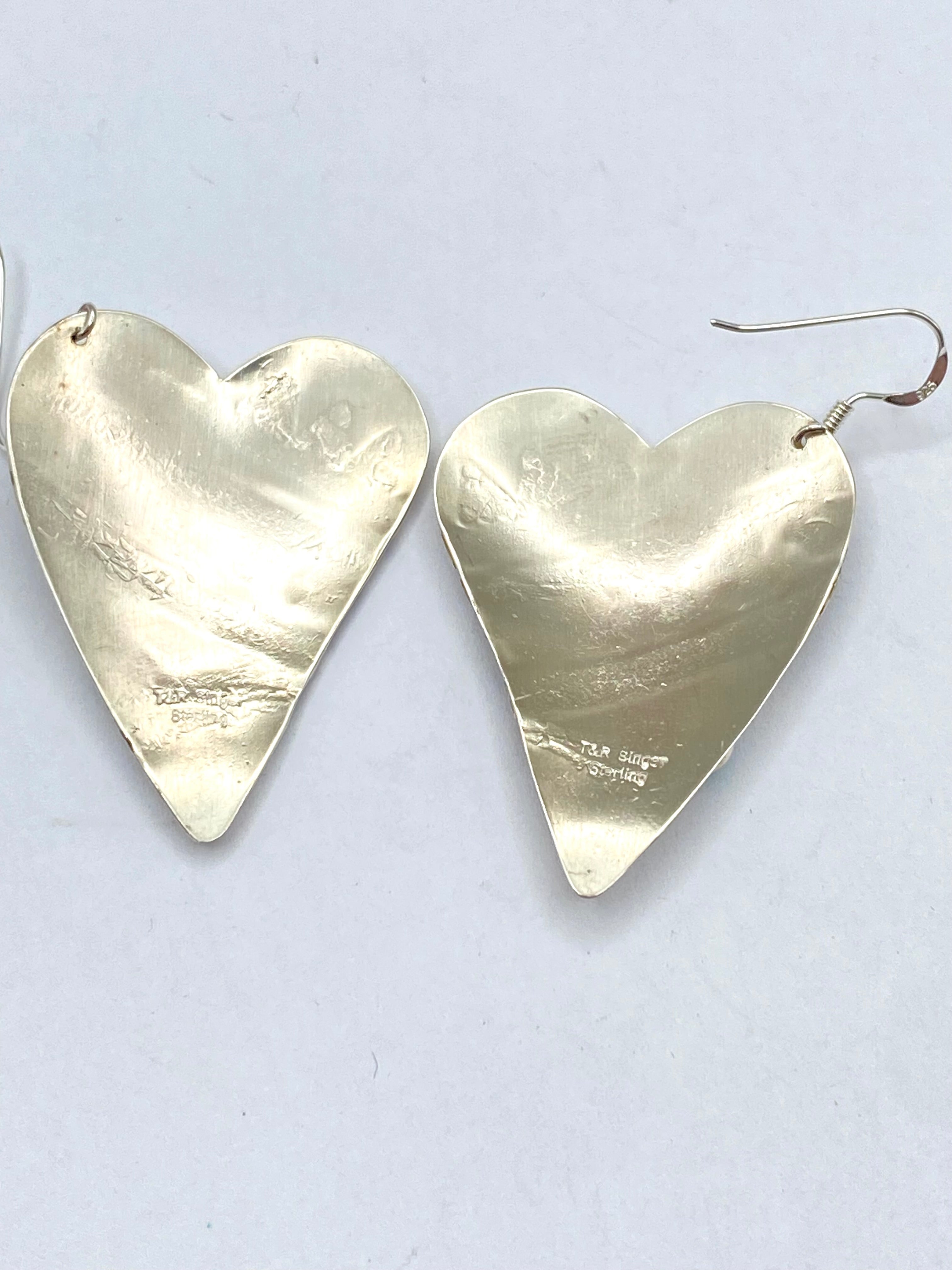 Sterling Overlay Heart Shaped Earrings Snake Eye Turquoise T&R Singer Navajo