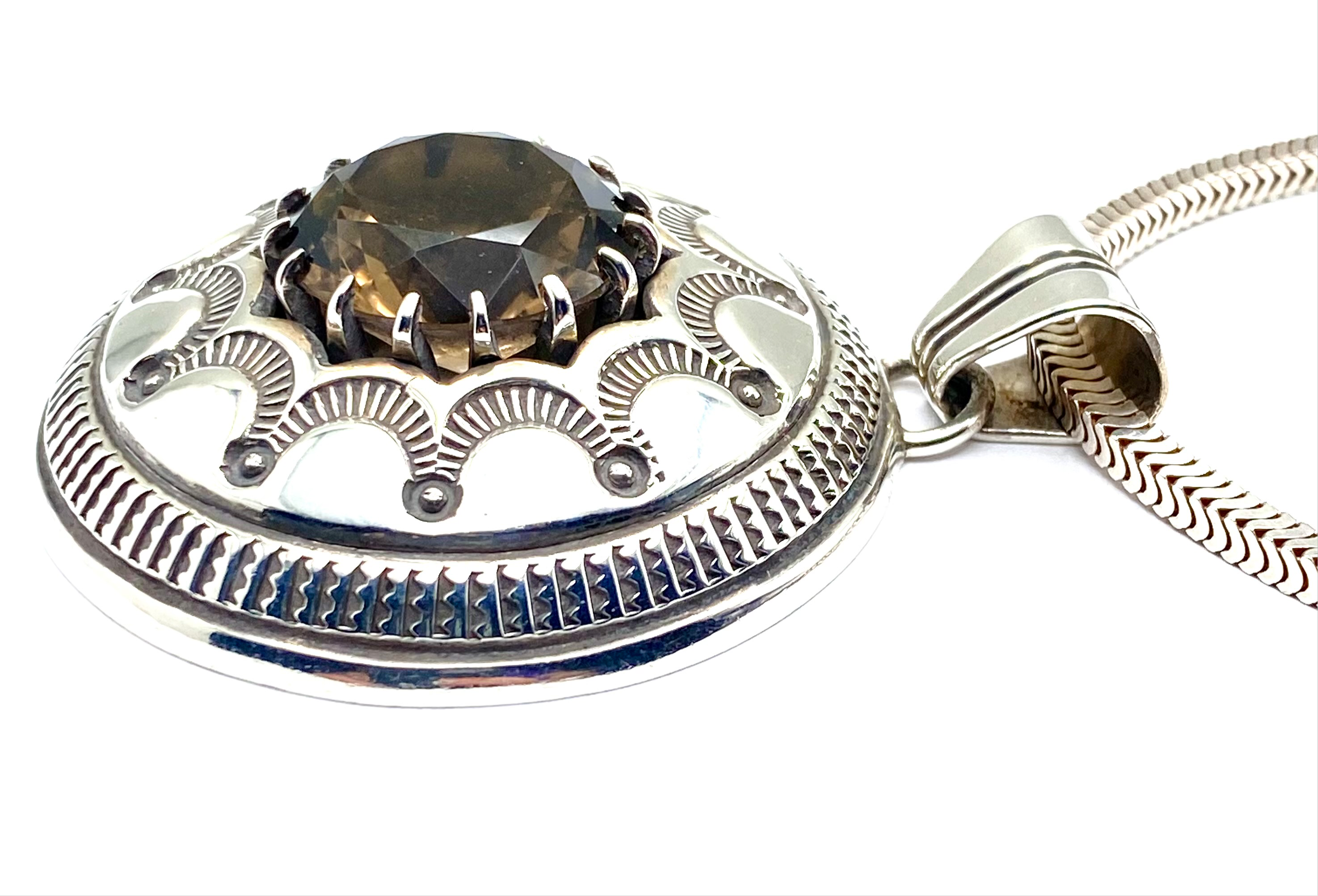 VTG Sterling Stamped Round Pendant Smoky Topaz Native American Signed