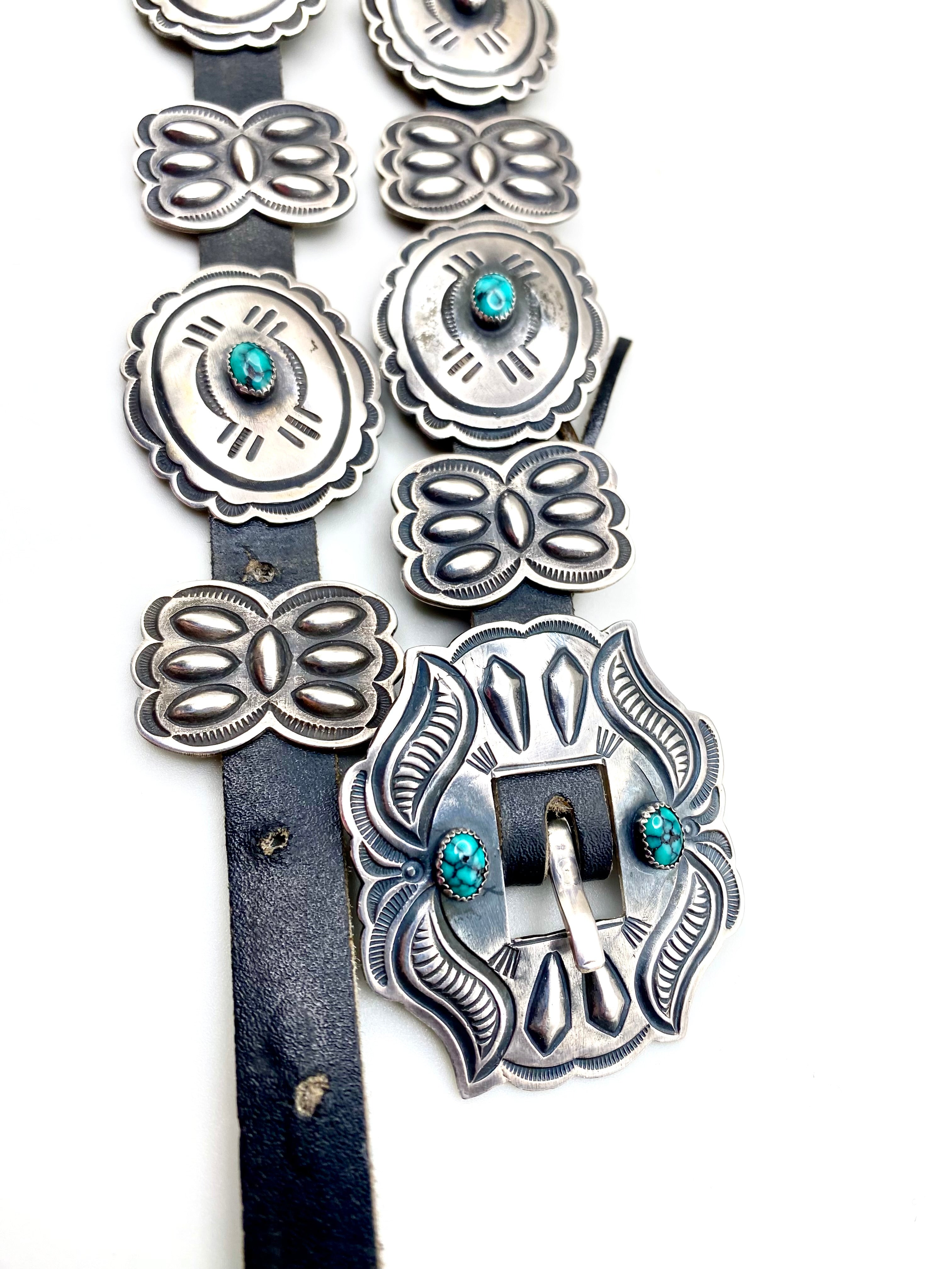 VTG Harry Morgan Concho Belt Sterling Spiderweb Turquoise Petite Navajo c. 1960s