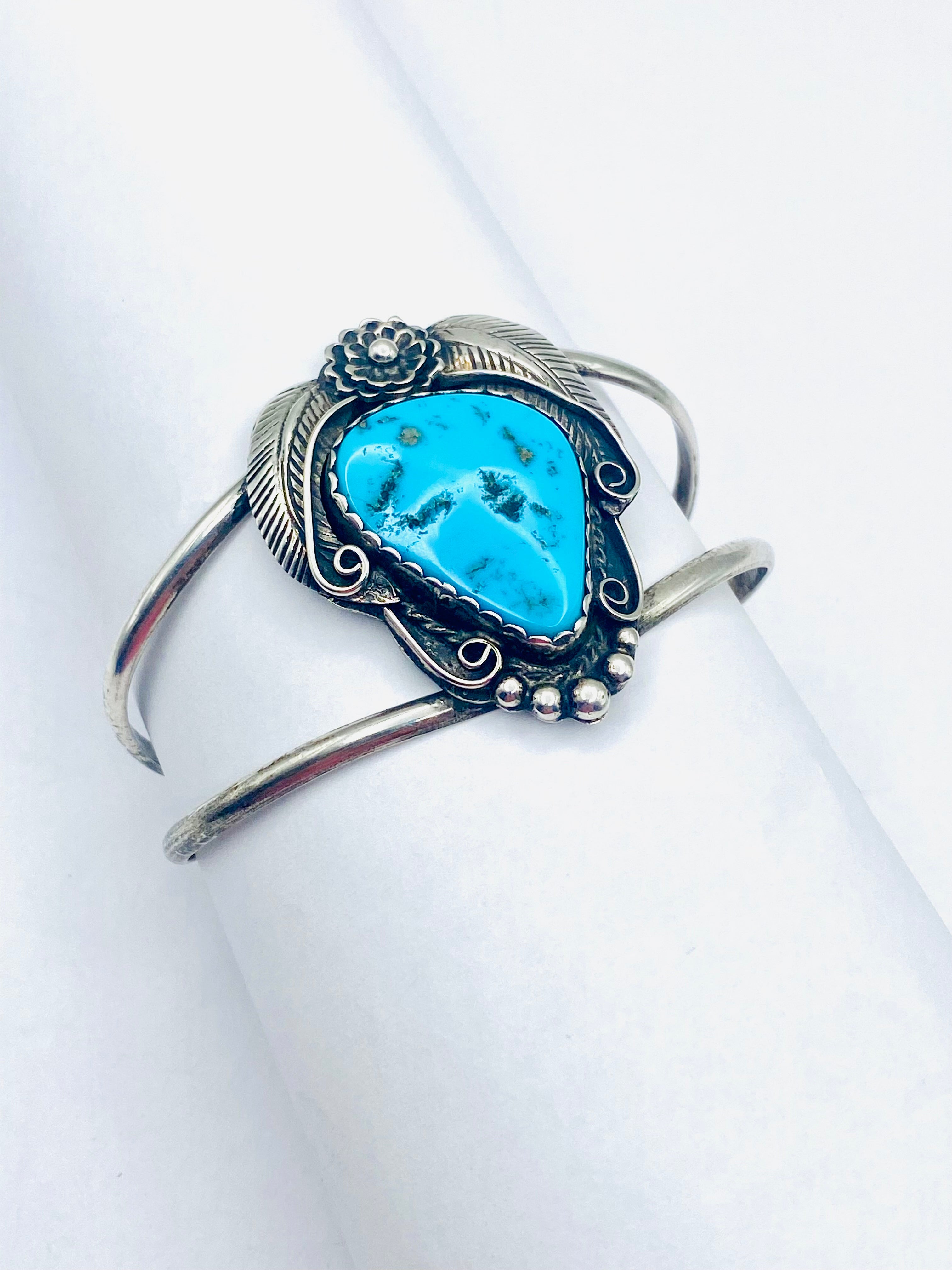 VTG 2-Rail Sterling Bracelet Turquoise Leaf Flower Applique Navajo Signed McCabe