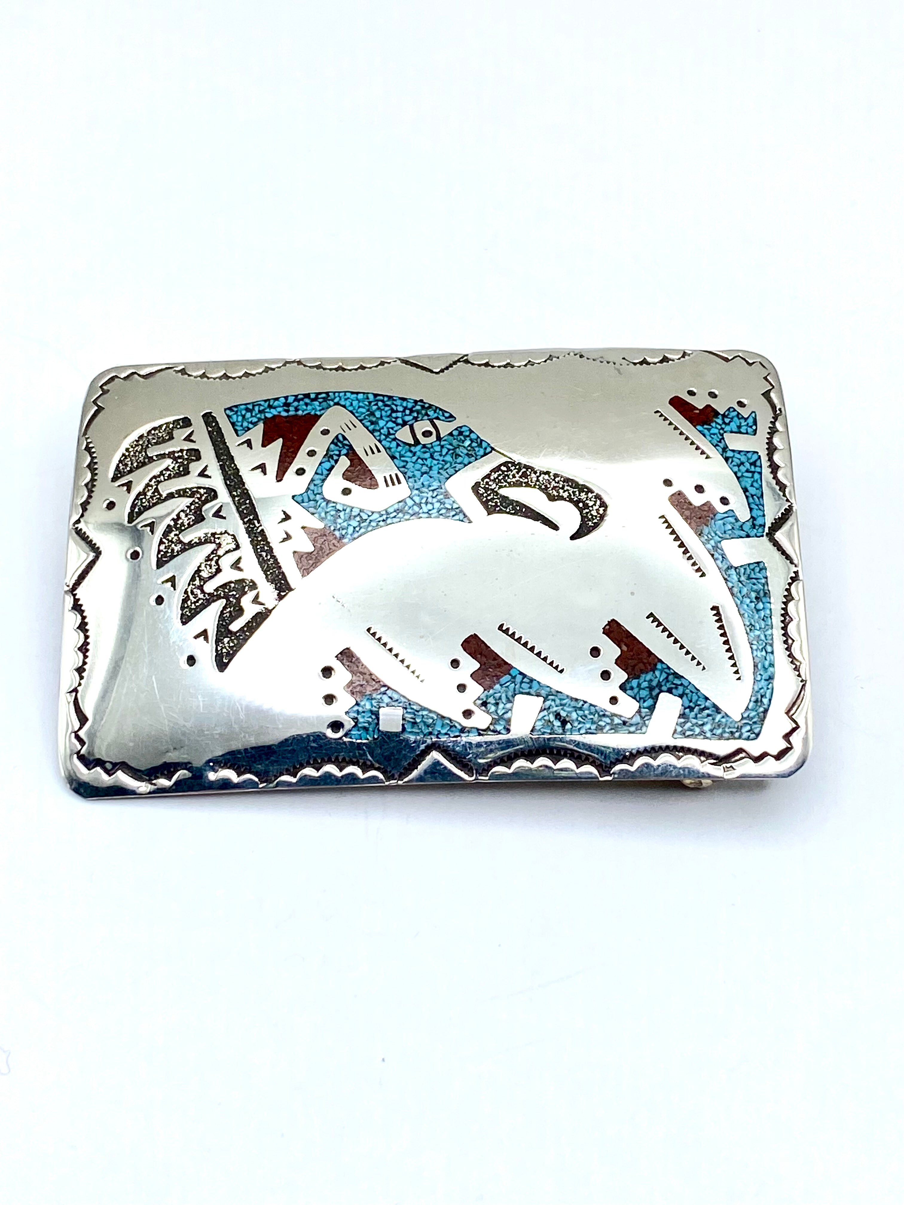 Sterling Belt Buckle Turquoise Coral Chip Inlay Eagle Head Raymond Begay Navajo