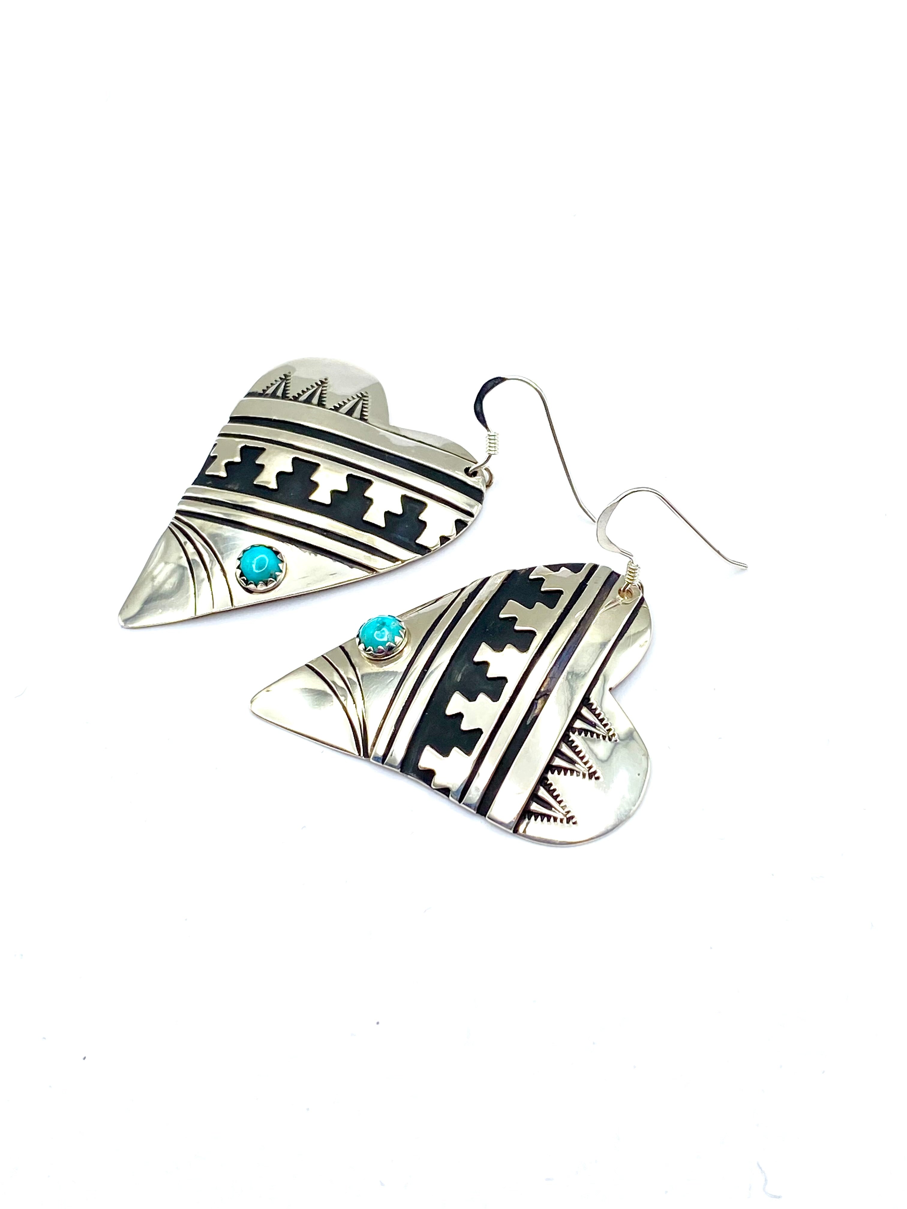 Sterling Overlay Heart Shaped Earrings Snake Eye Turquoise T&R Singer Navajo