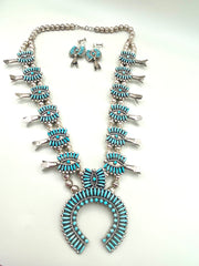 VTG Zuni Needlepoint Turquoise Squash Blossom Necklace Earring Set c. 1960s
