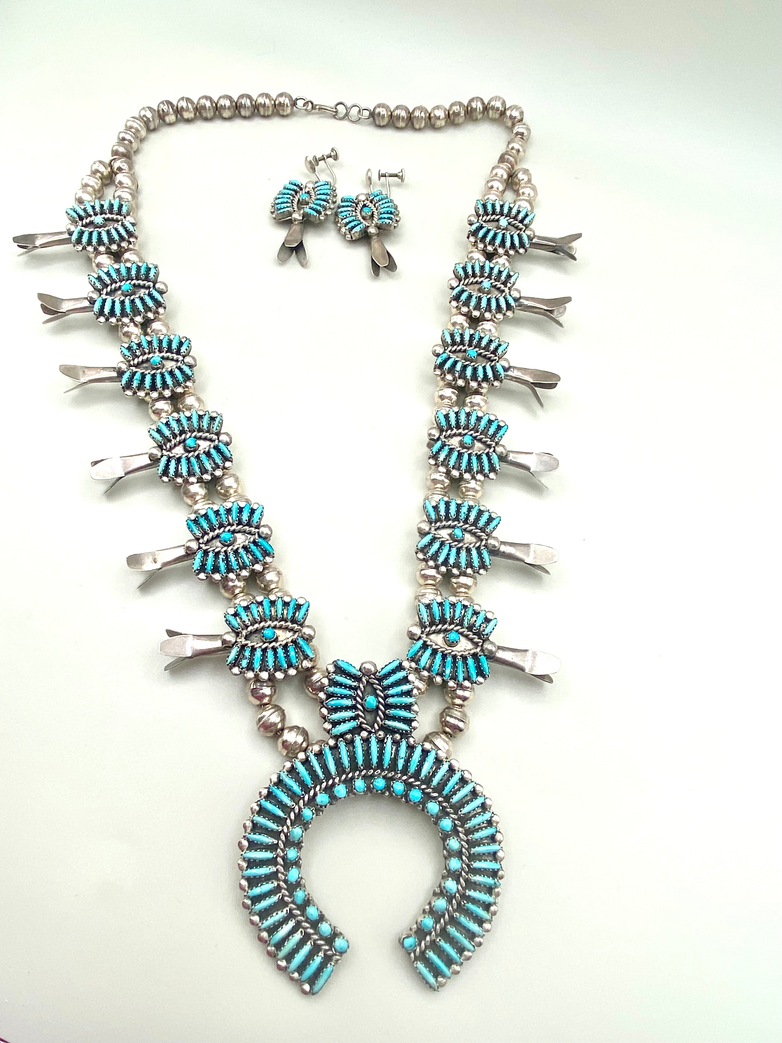 VTG Zuni Needlepoint Turquoise Squash Blossom Necklace Earring Set c. 1960s