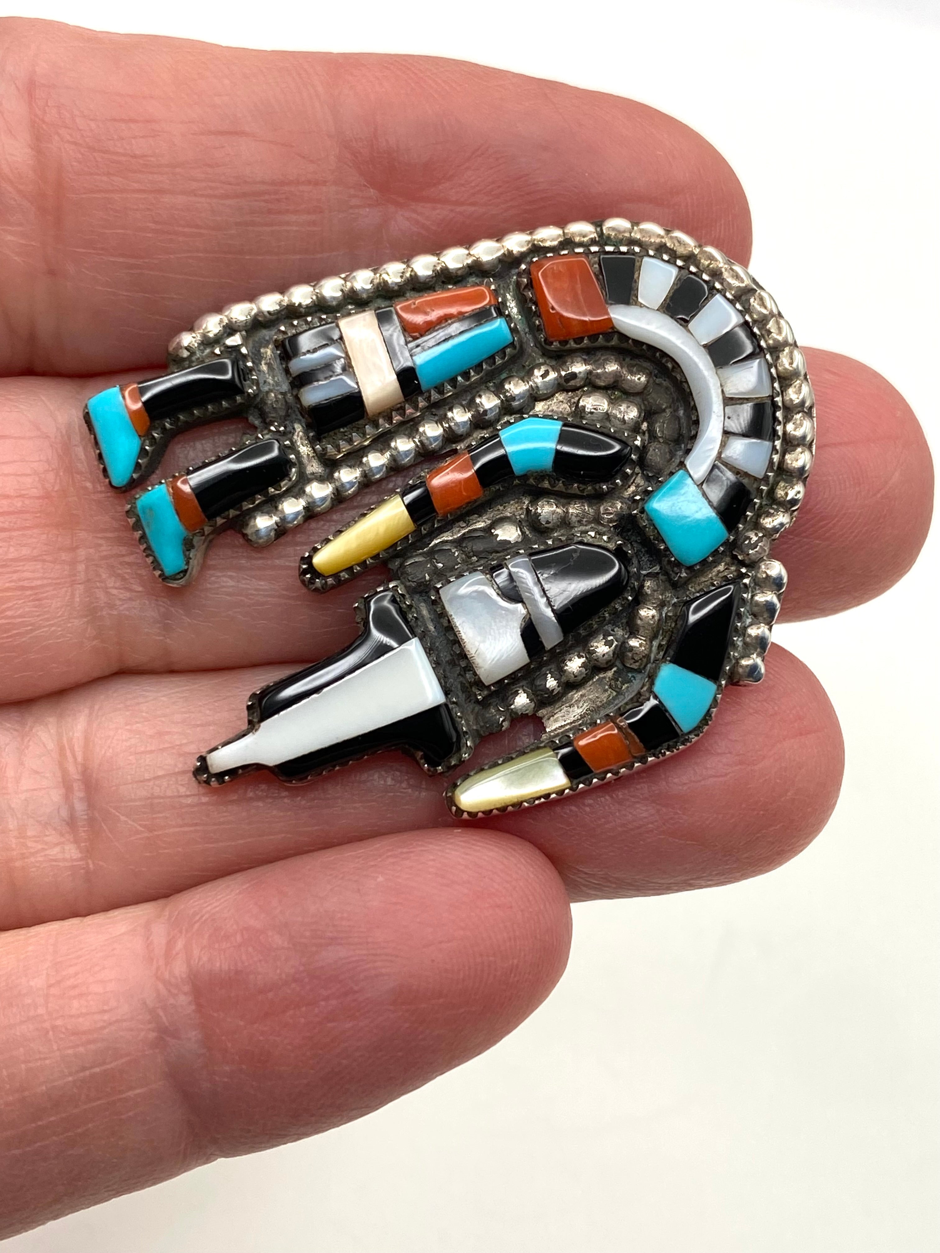 VTG Zuni Multi Stone Inlay Rainbow Man Ring Size 9.5 Turquoise Coral Cellicion