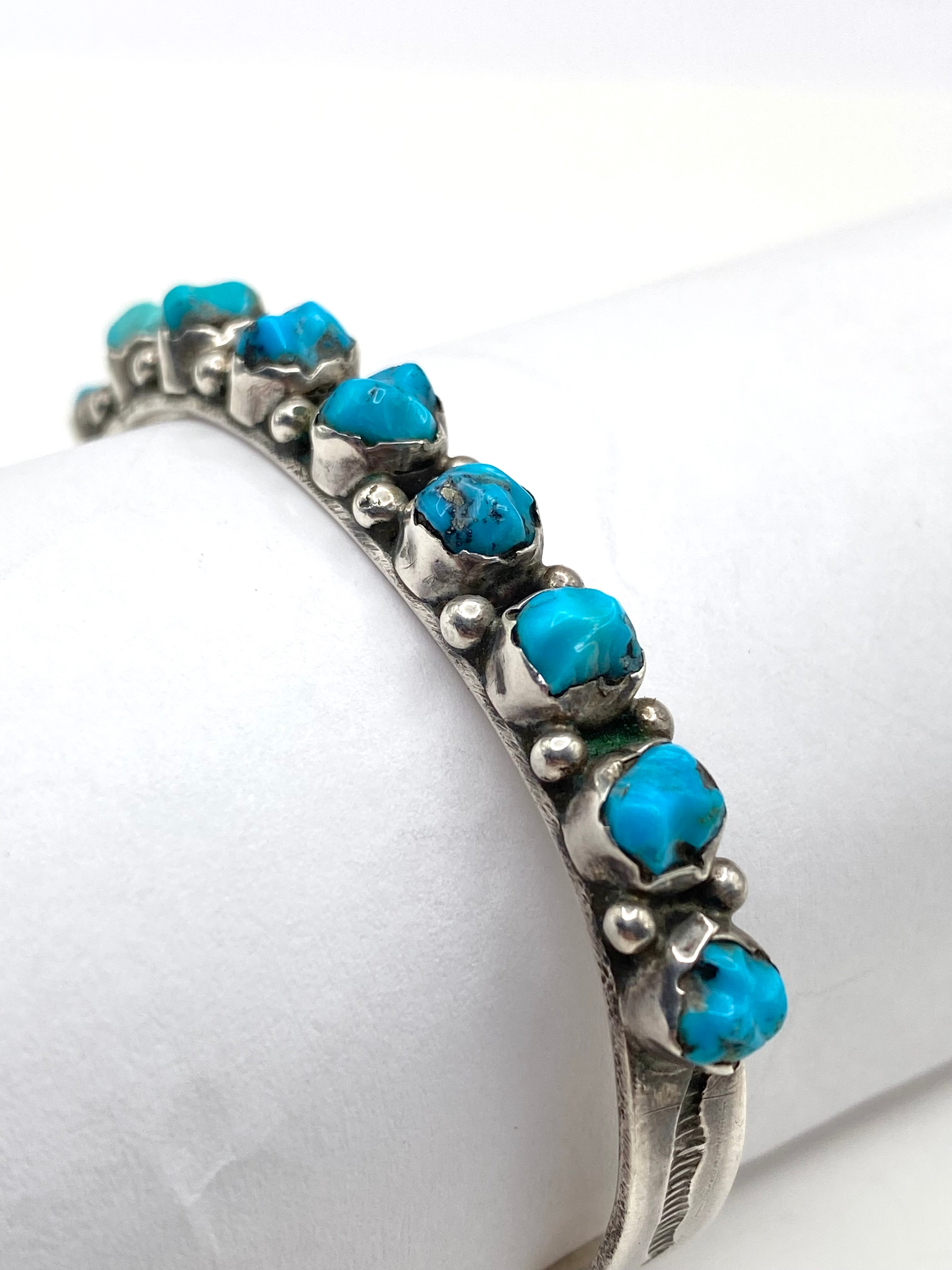 Vintage Sterling Narrow Cuff Bracelet Carved Turquoise Native American Signed