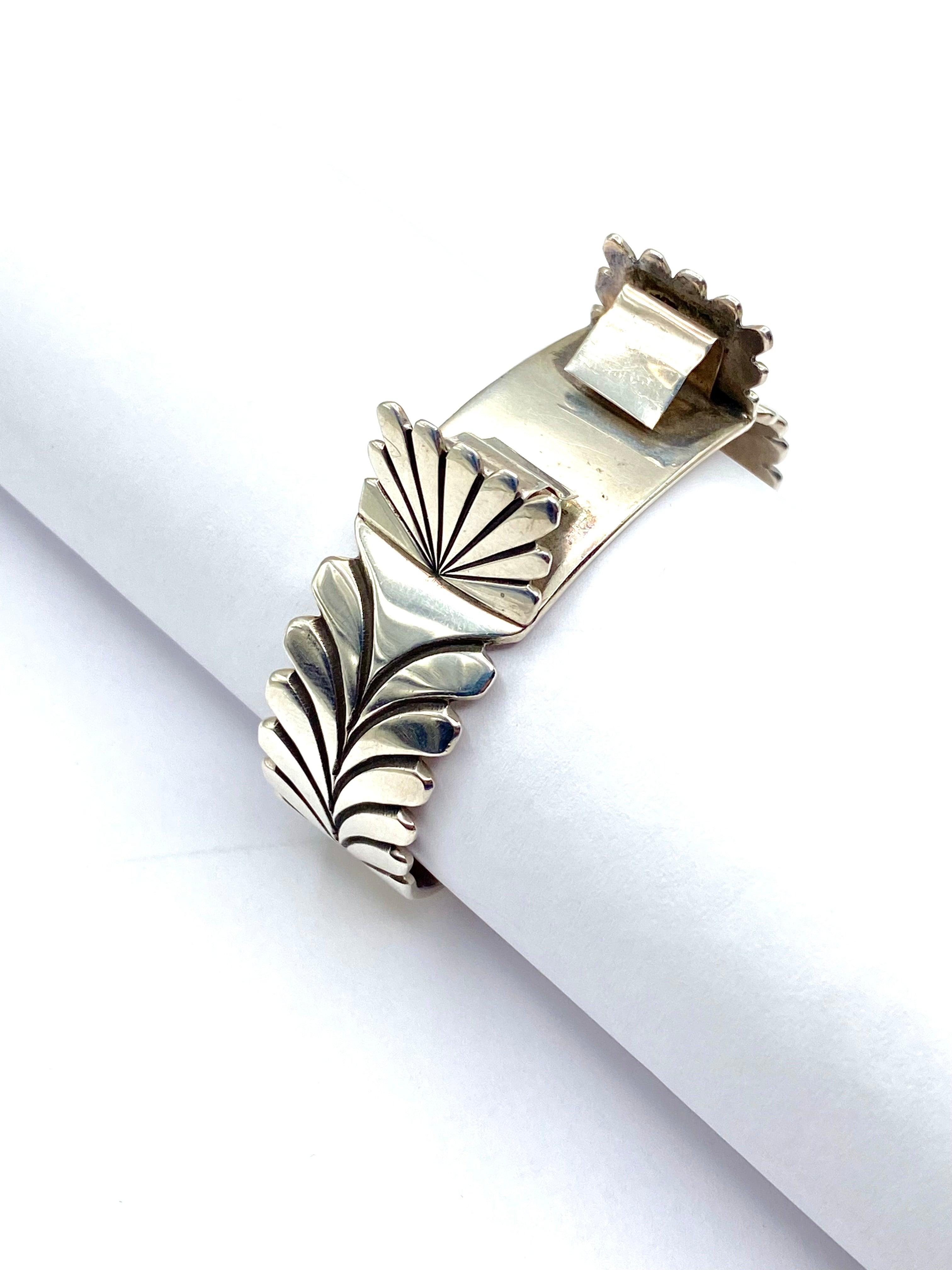 VTG Sterling Silver Cuff Watch Band Leaf Fan Stamp Work Navajo Steve Yellowhorse