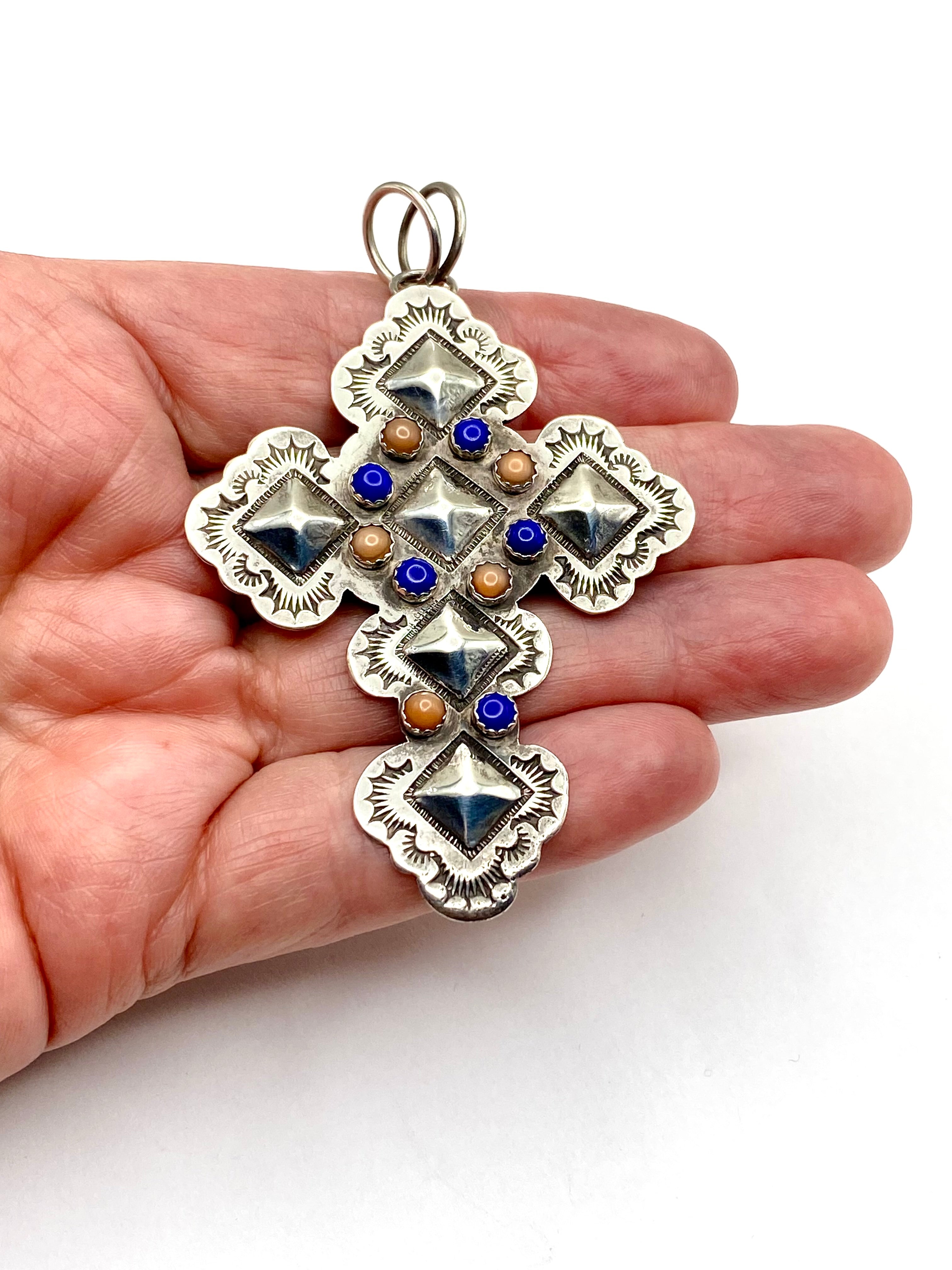 Scalloped Sterling Cross Pendant Lapis Pink Conch John Nelson Navajo