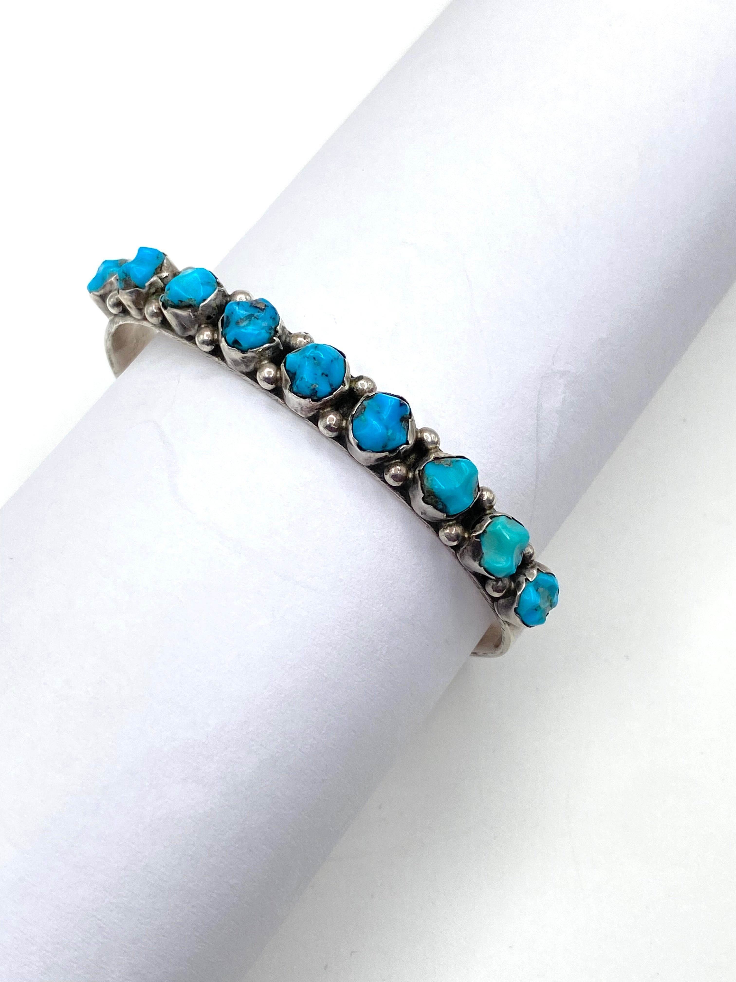 Vintage Sterling Narrow Cuff Bracelet Carved Turquoise Native American Signed