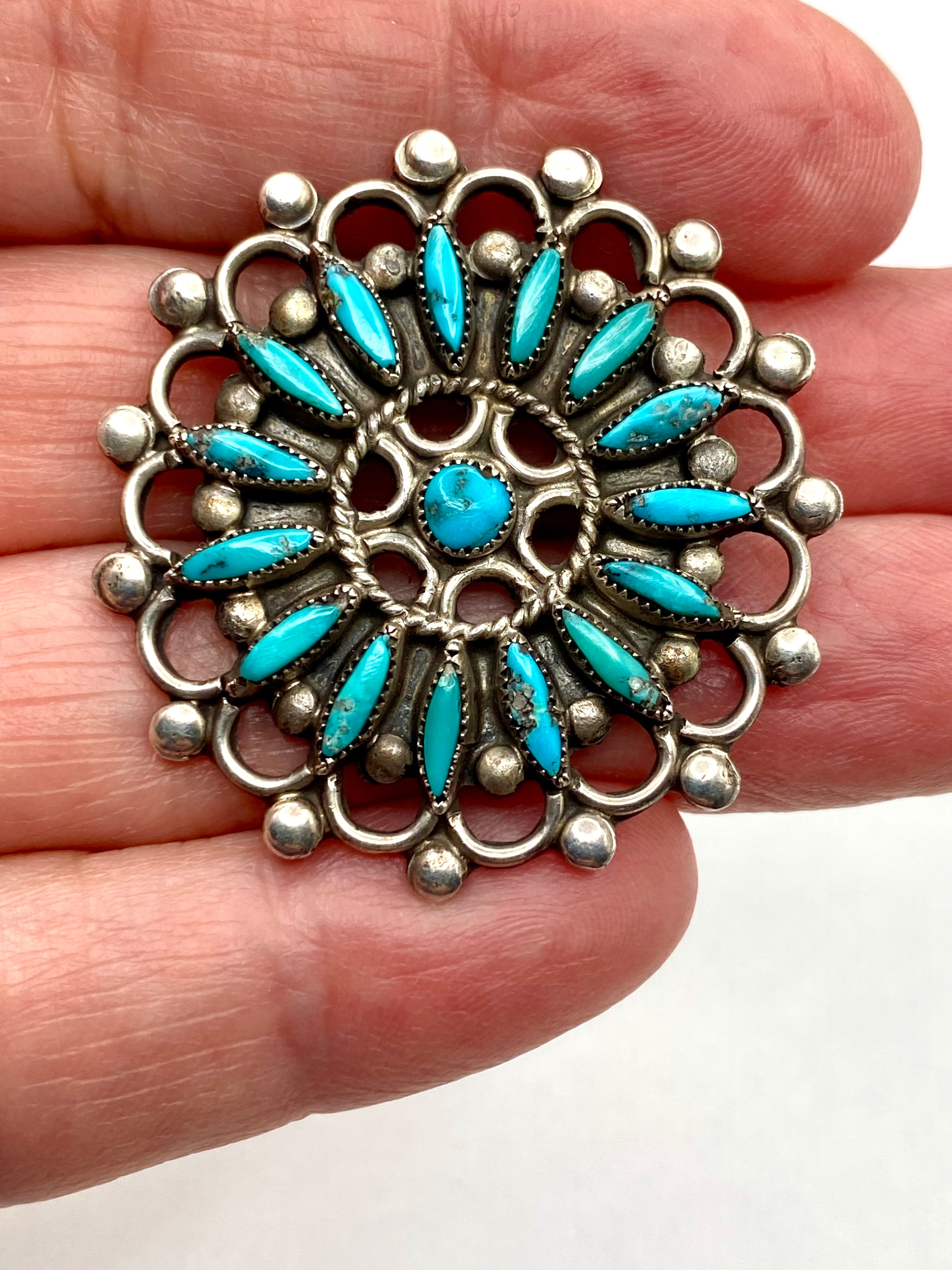 VTG Zuni Needlepoint Turquoise Silver Pin Brooch Native American ca. 1960s