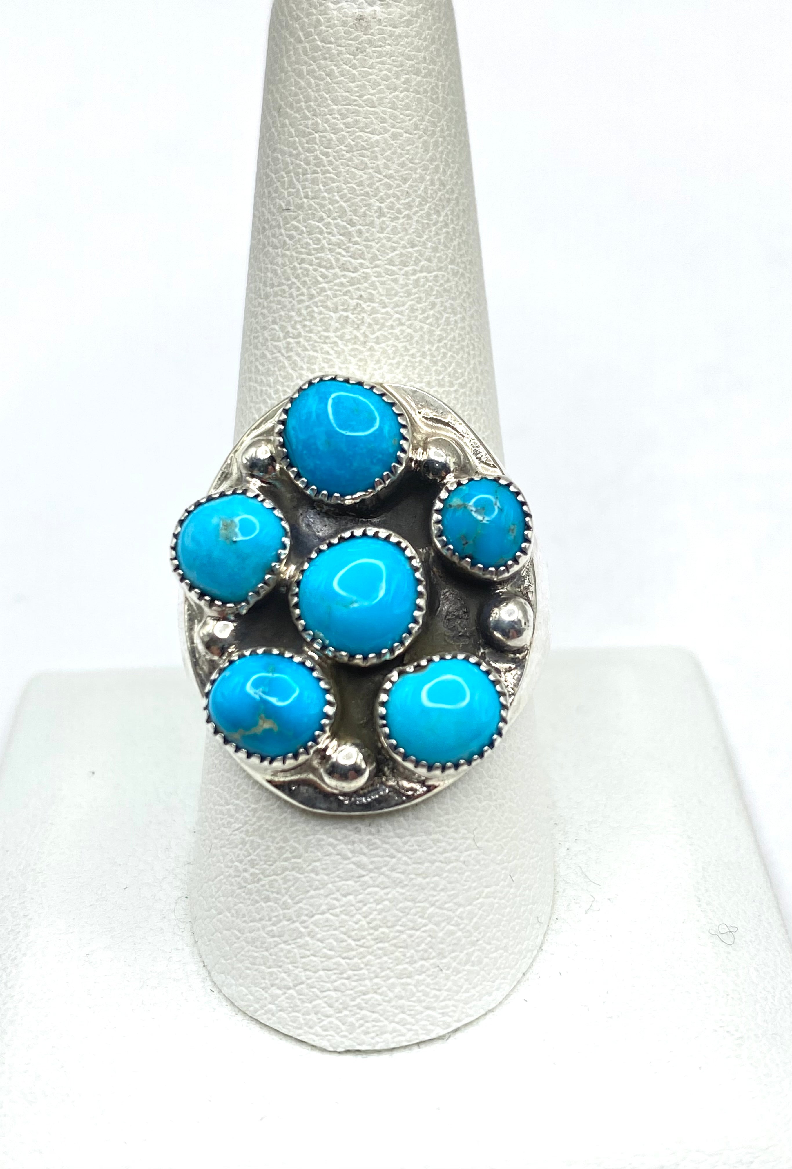 Sterling Heavy Gauge Turquoise Cluster Ring Size 10 Flared Band Native American