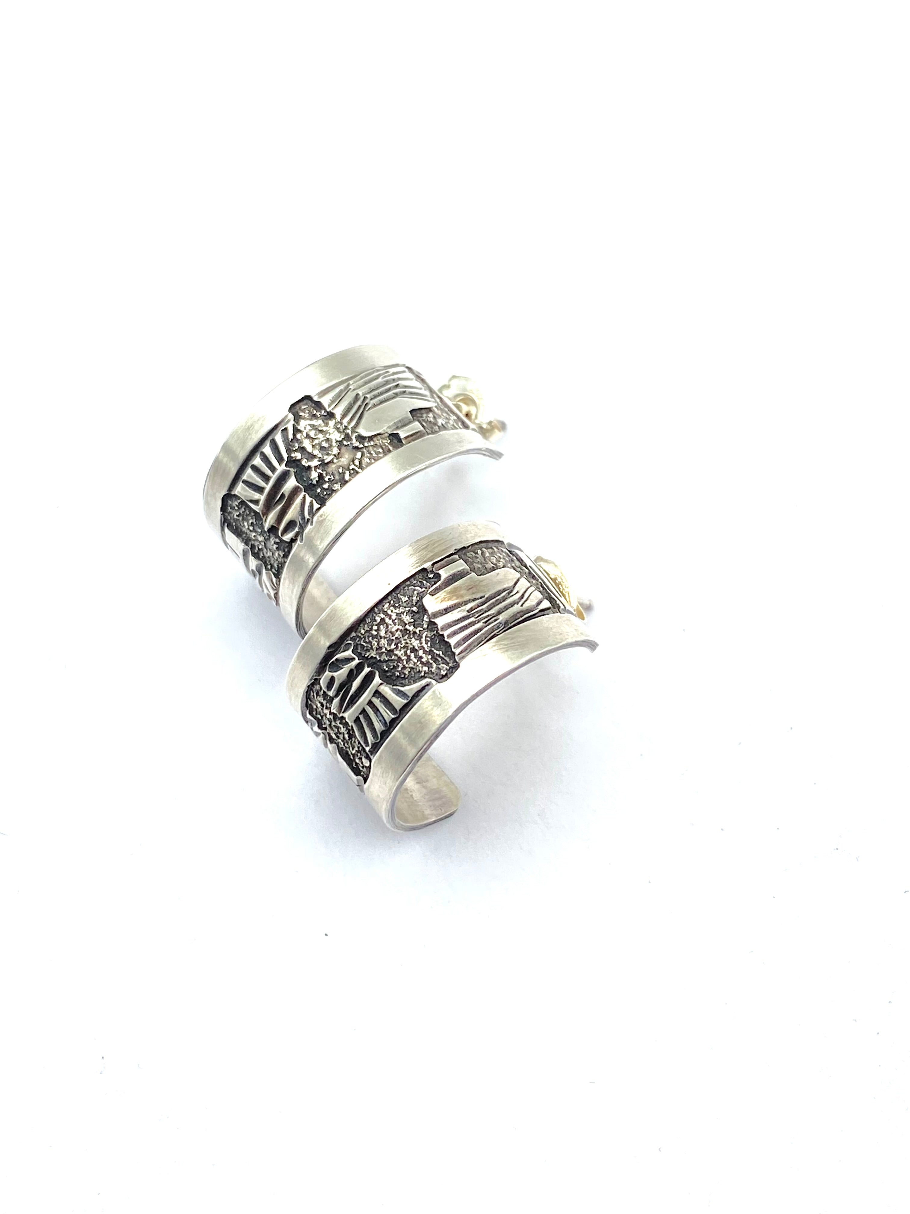 Sterling Silver Wide Hoop Earrings Story Teller Design Native American Signed