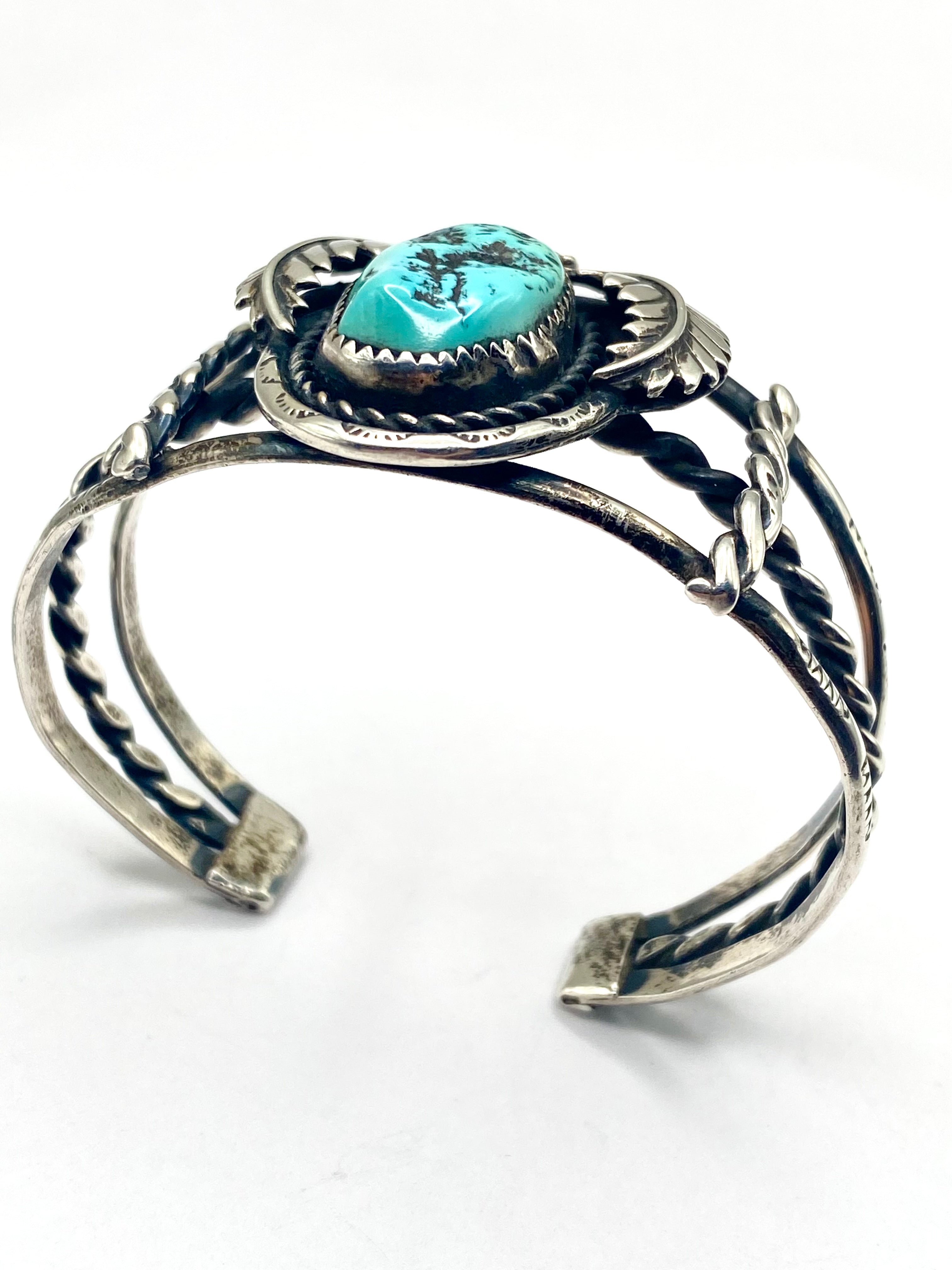VTG Sterling Turquoise Bracelet 3-Rail Leaf Flower Applique Native American
