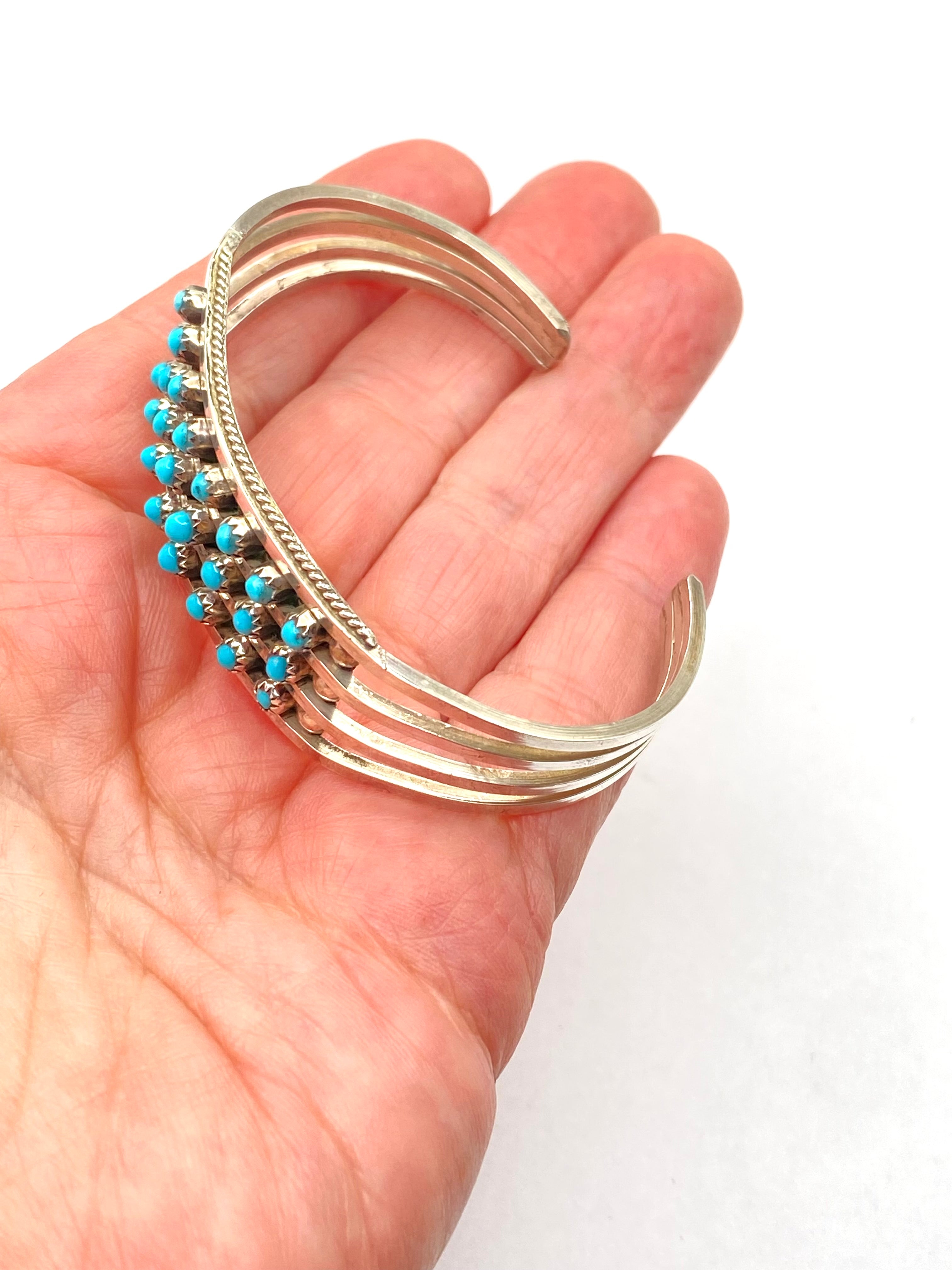 Sterling 4-Rail Bracelet Petite Turquoise 3-Row Zuni Native American Signed