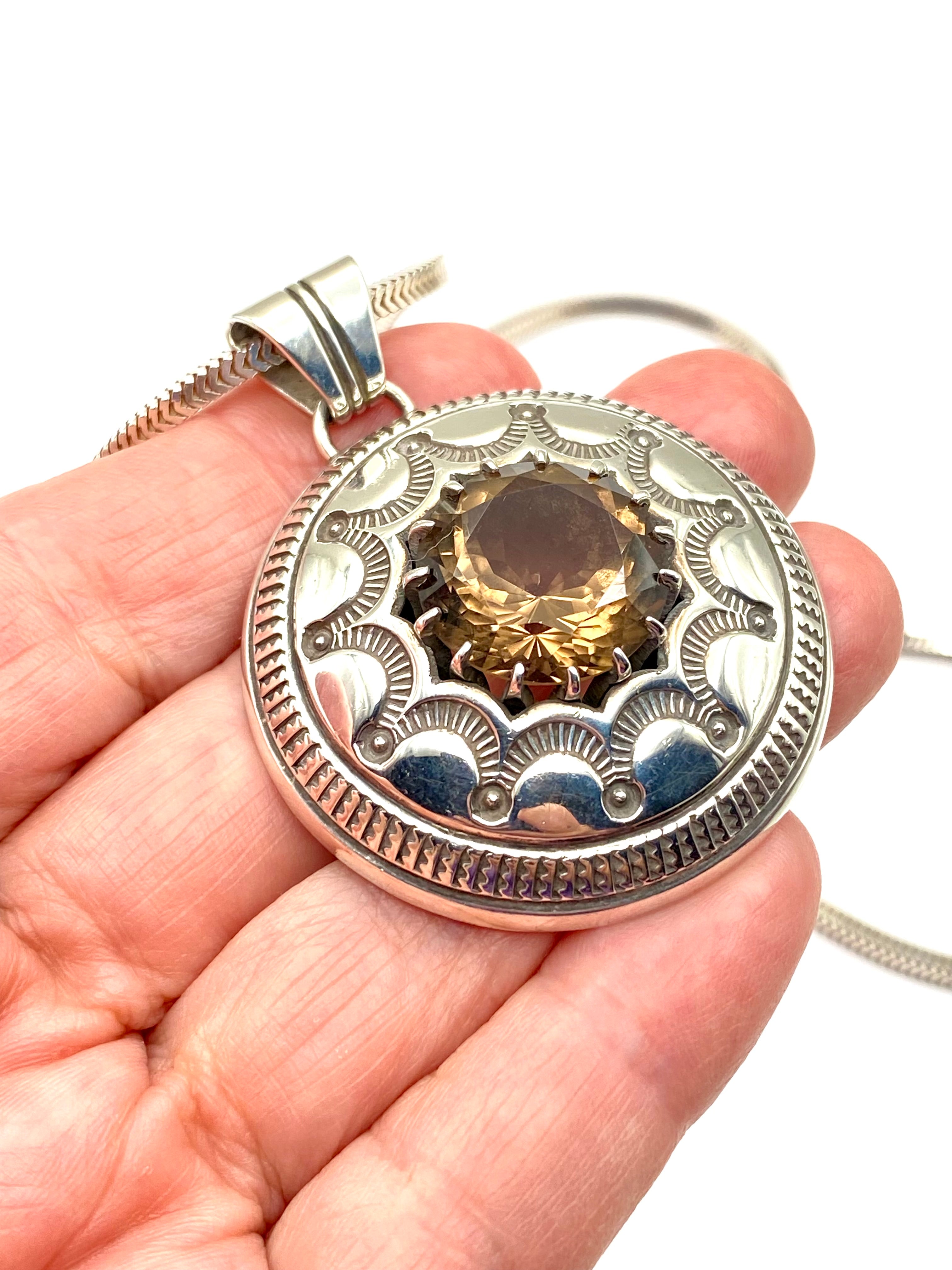 VTG Sterling Stamped Round Pendant Smoky Topaz Native American Signed