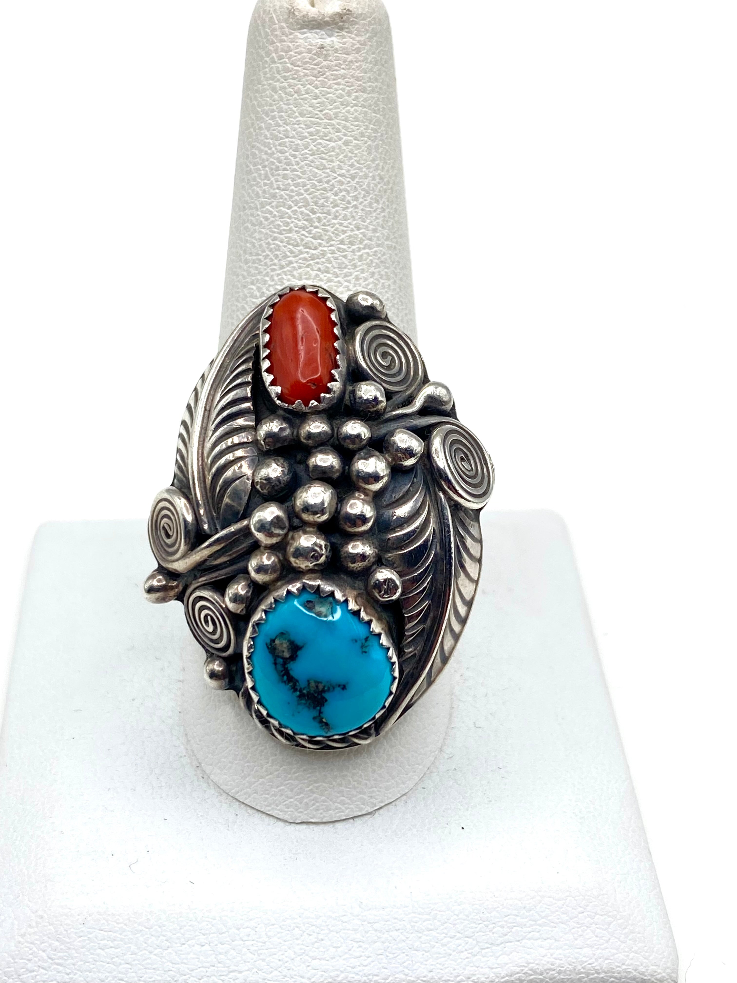 VTG Sterling Domed Hollow Ring Turquoise Coral Size 9.75 Native American Signed